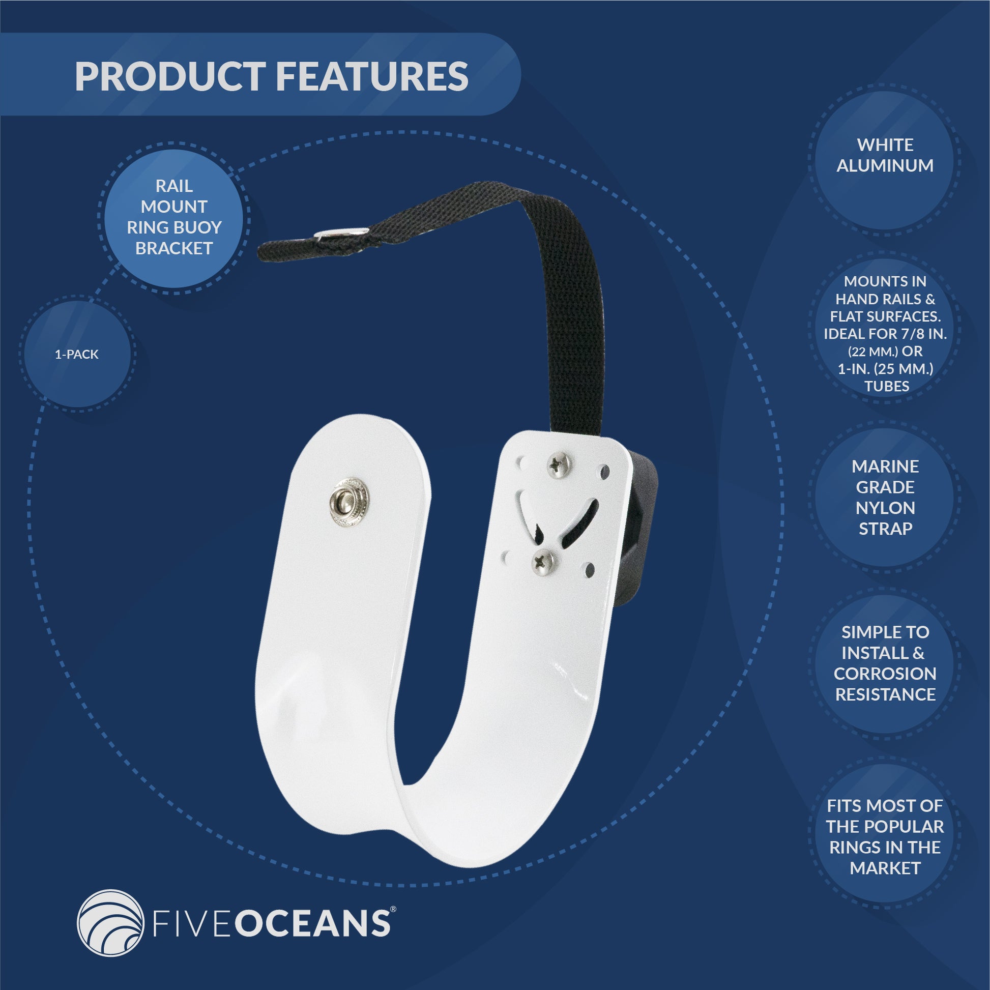 Ring Buoy Mounting Bracket Holder with Strap, White Painted Aluminum, Flat Mount - FO76 - Five Oceans