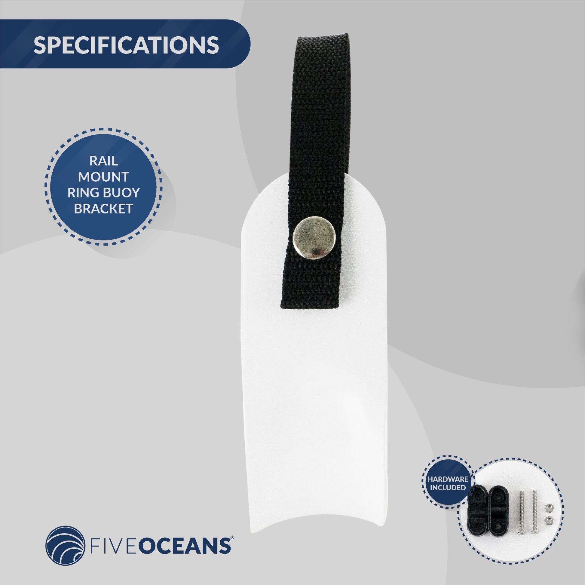 Ring Buoy Mounting Bracket Holder with Strap, White Painted Aluminum, Flat Mount - FO76 - Five Oceans