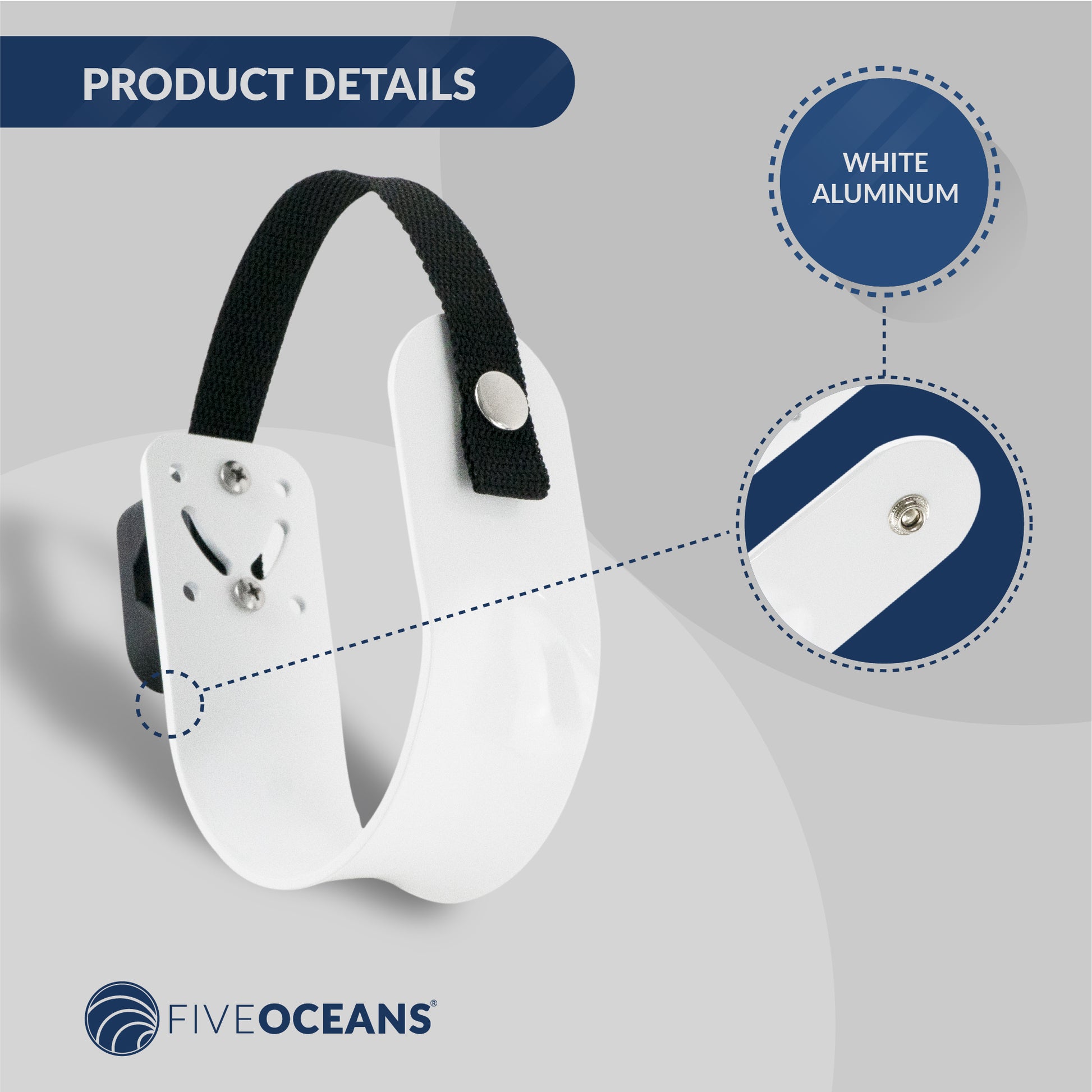 Ring Buoy Mounting Bracket Holder with Strap, White Painted Aluminum, Flat Mount - FO76 - Five Oceans