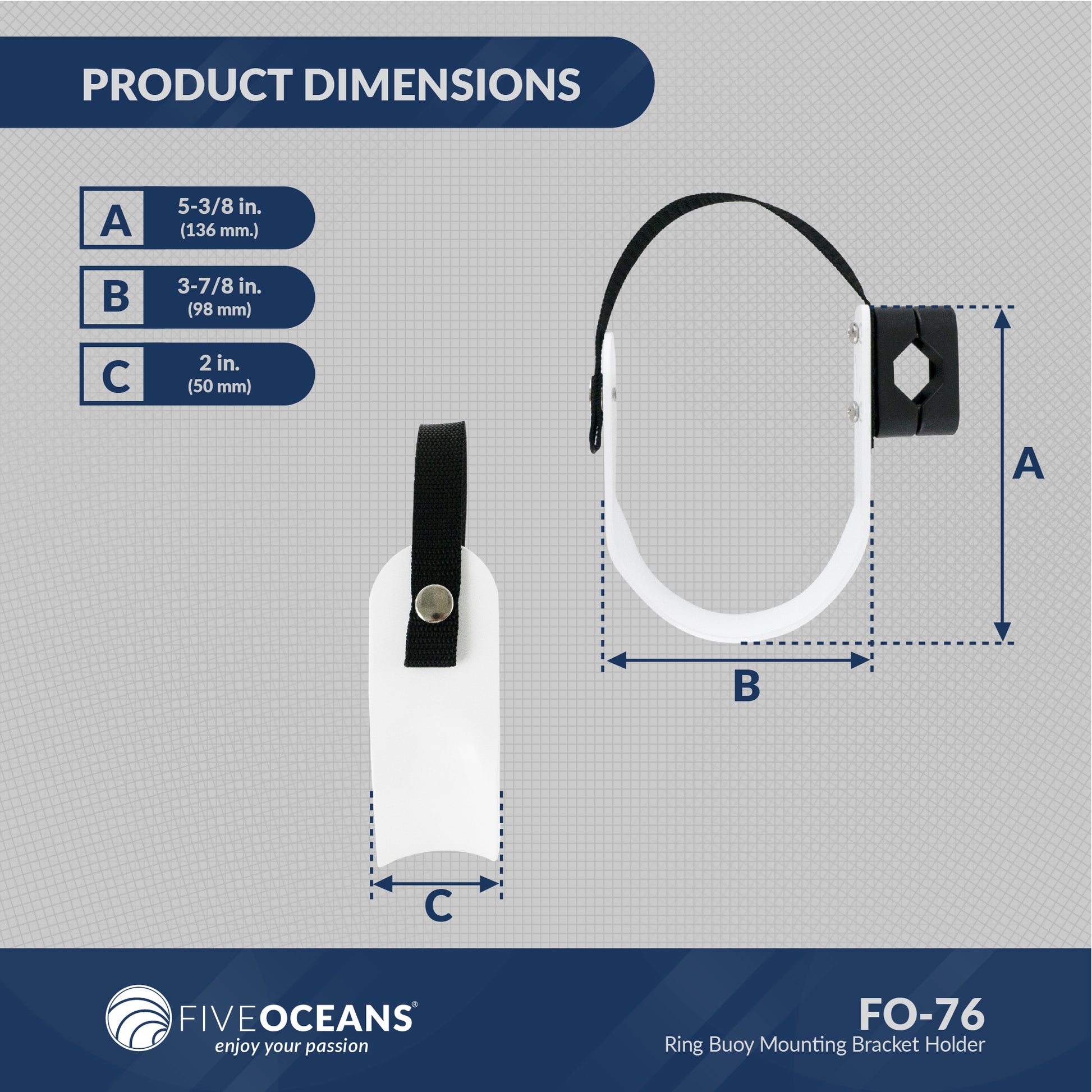 Ring Buoy Mounting Bracket Holder with Strap, White Painted Aluminum, Flat Mount - FO76 - Five Oceans