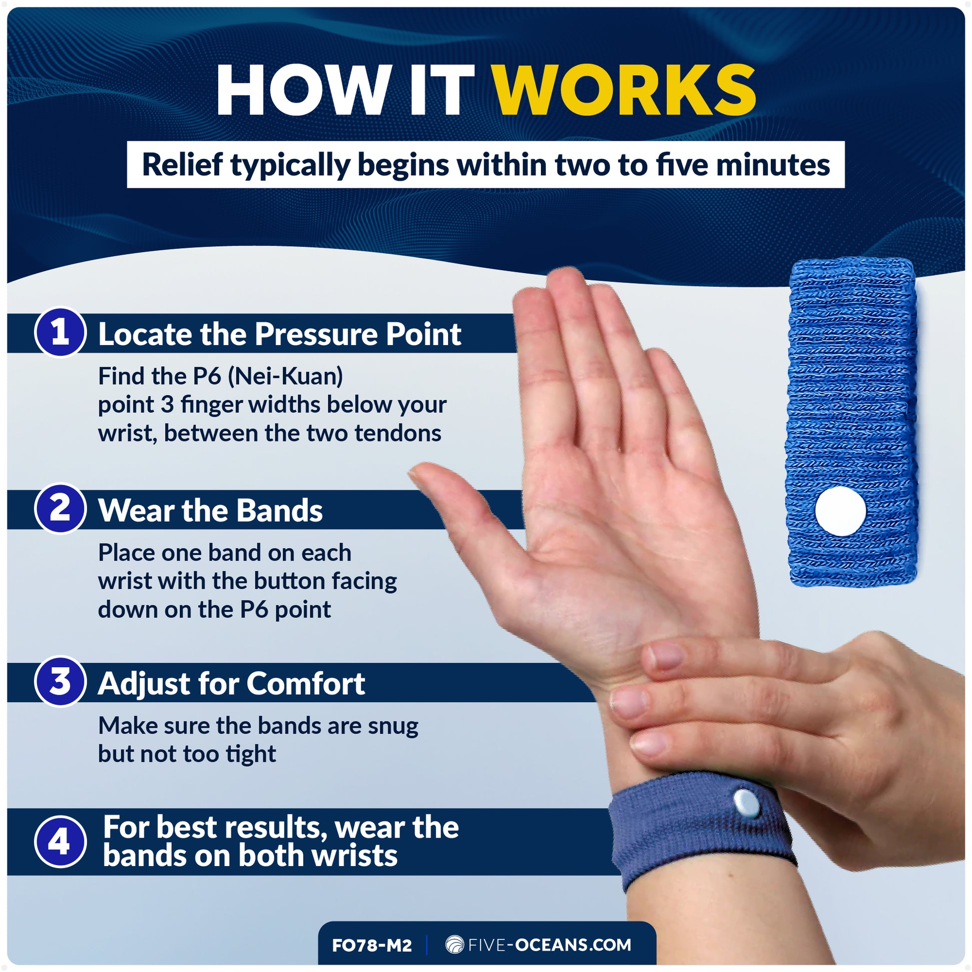 Sea Sickness Acupressure Wristbands for Natural Relief of Nausea 2-Pair (4 Wristbands) - FO78-M2 - Five Oceans