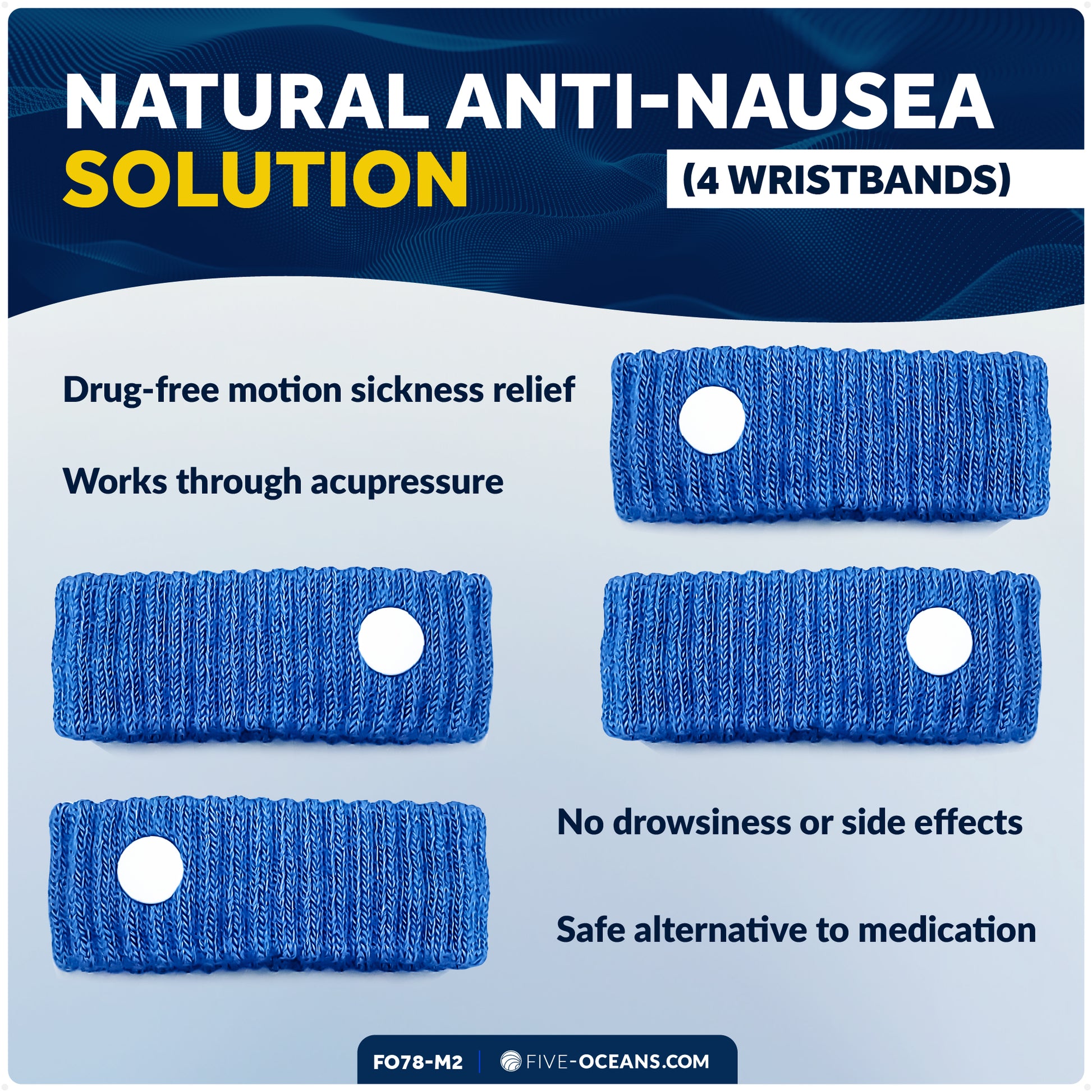 Sea Sickness & Motion Relief Wristbands, 2-Pair (4 Wristbands) - FO78-M2 - Five Oceans