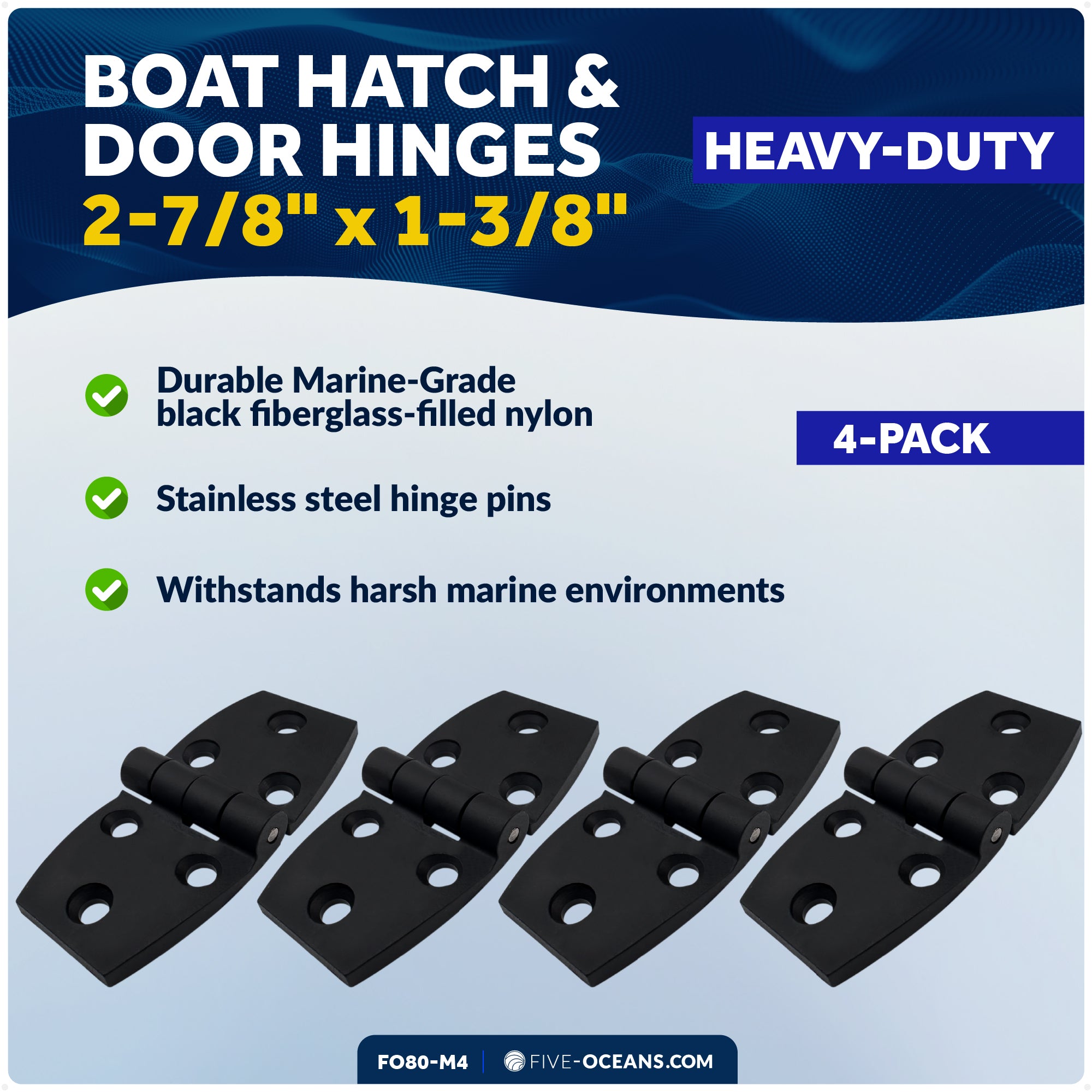 Hatch & Door Hinges 2-7/8" x 1-3/8", Black Nylon, 4-Pack - FO80-M4 - Five Oceans