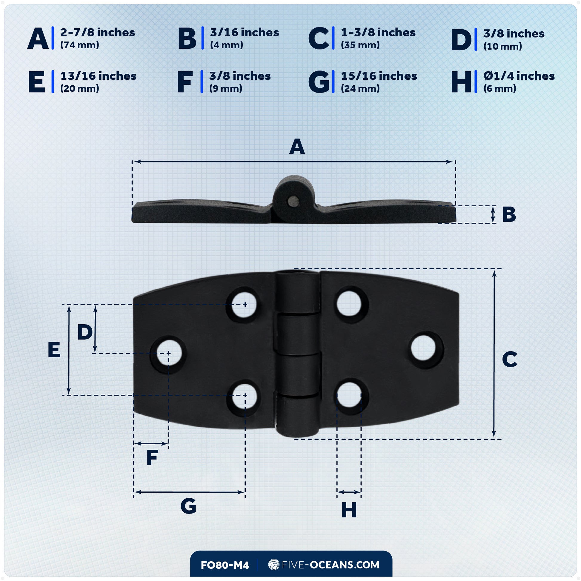 Boat Hatch & Door Hinges 2-7/8" x 1-3/8", Black , 4-Pack - FO80-M4 - Five Oceans