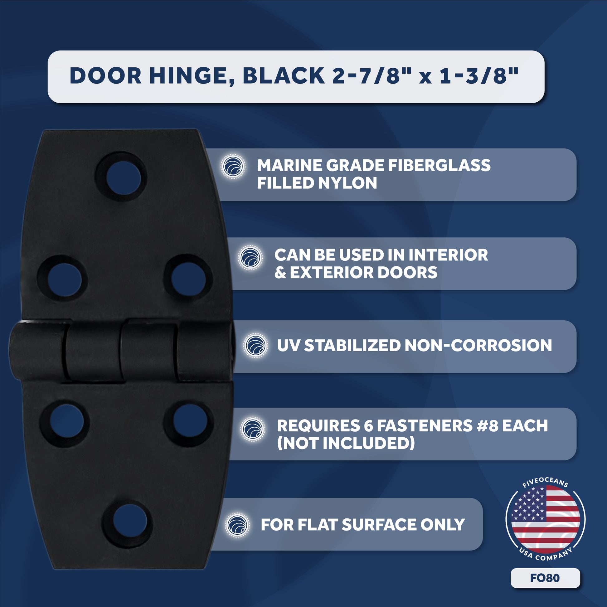 Door Hinge, 2-7/8" x 1-3/8", Black - FO80 - Five Oceans