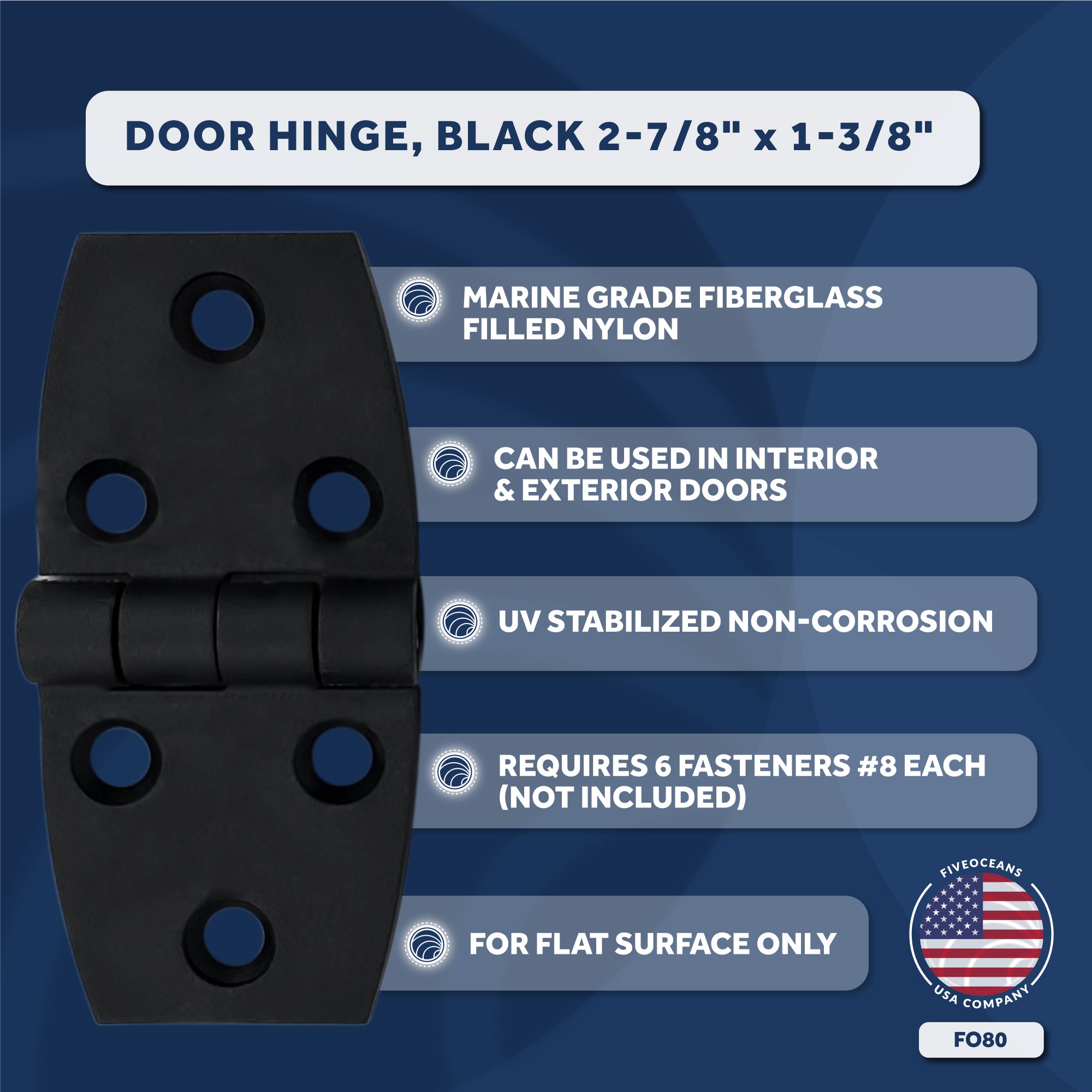 Door Hinge, 2-7/8" x 1-3/8", Black - FO80 - Five Oceans