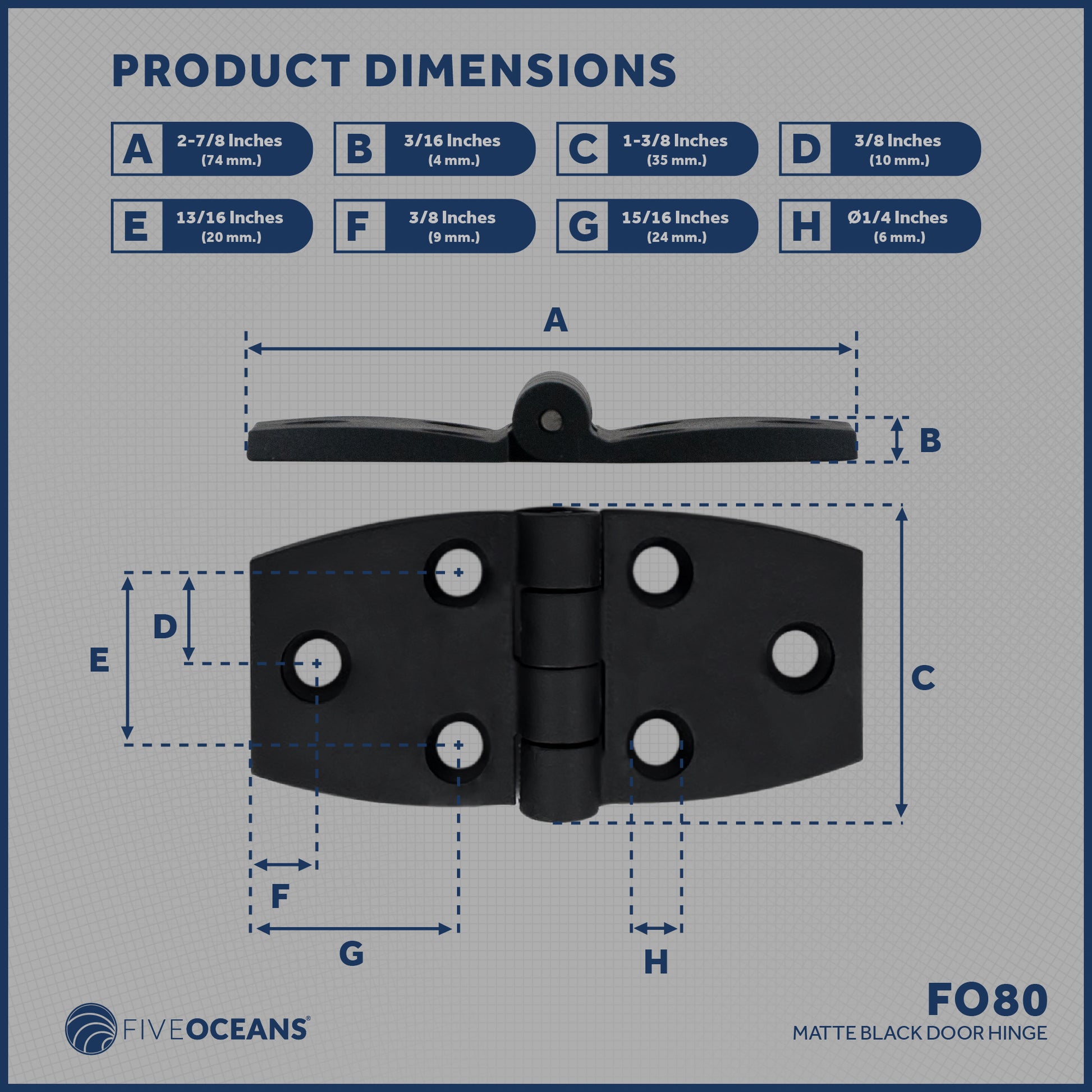 Door Hinge, 2-7/8" x 1-3/8", Black - FO80 - Five Oceans
