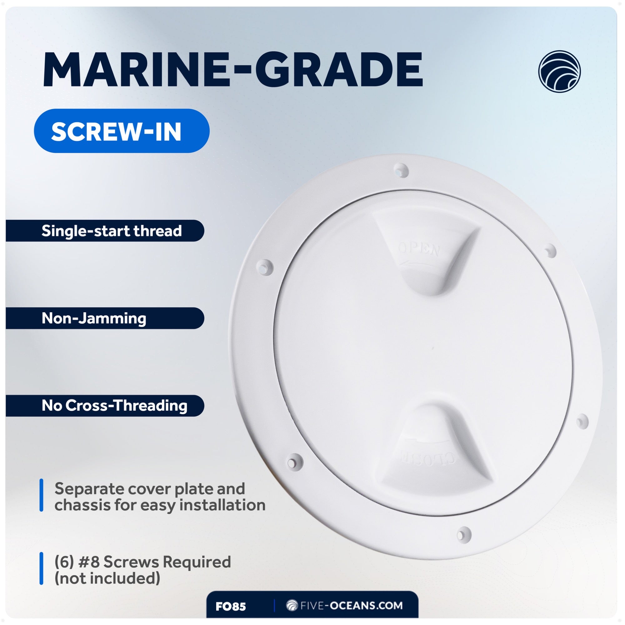 6" Deck Plate, Round Screw-in, White - FO85 - Five Oceans