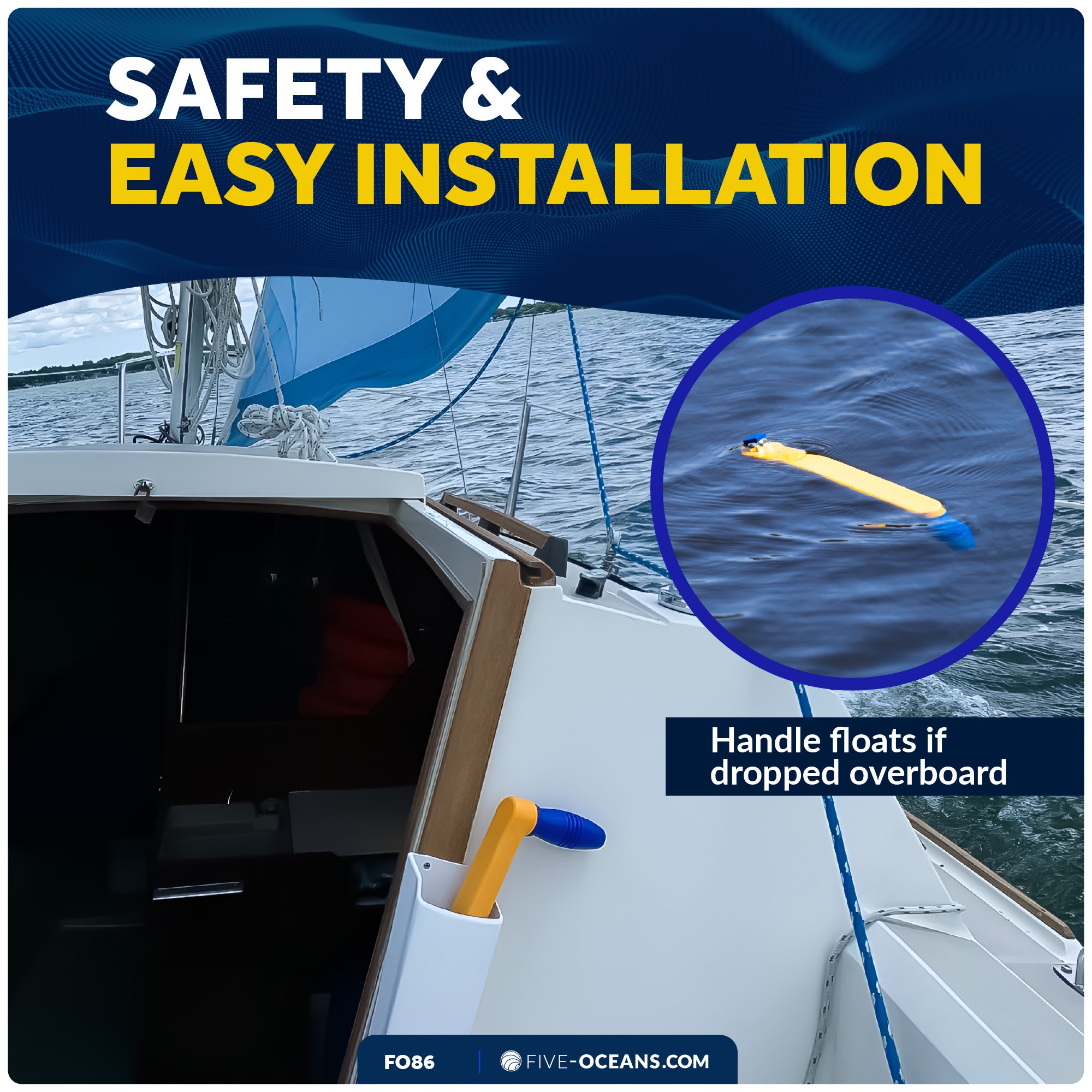 8" Sailboat Winch Handle, Universal Floating Lock-in Mechanism, Orange/Blue - FO86 - Five Oceans