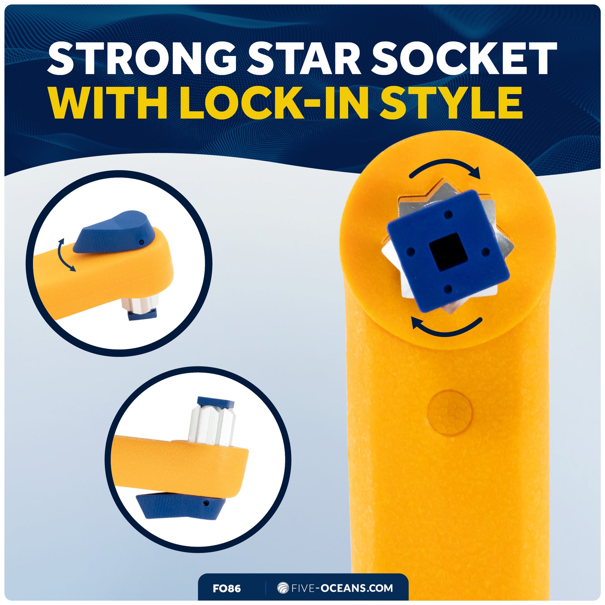 8" Sailboat Winch Handle, Universal Floating Lock-in Mechanism, Orange/Blue - FO86 - Five Oceans