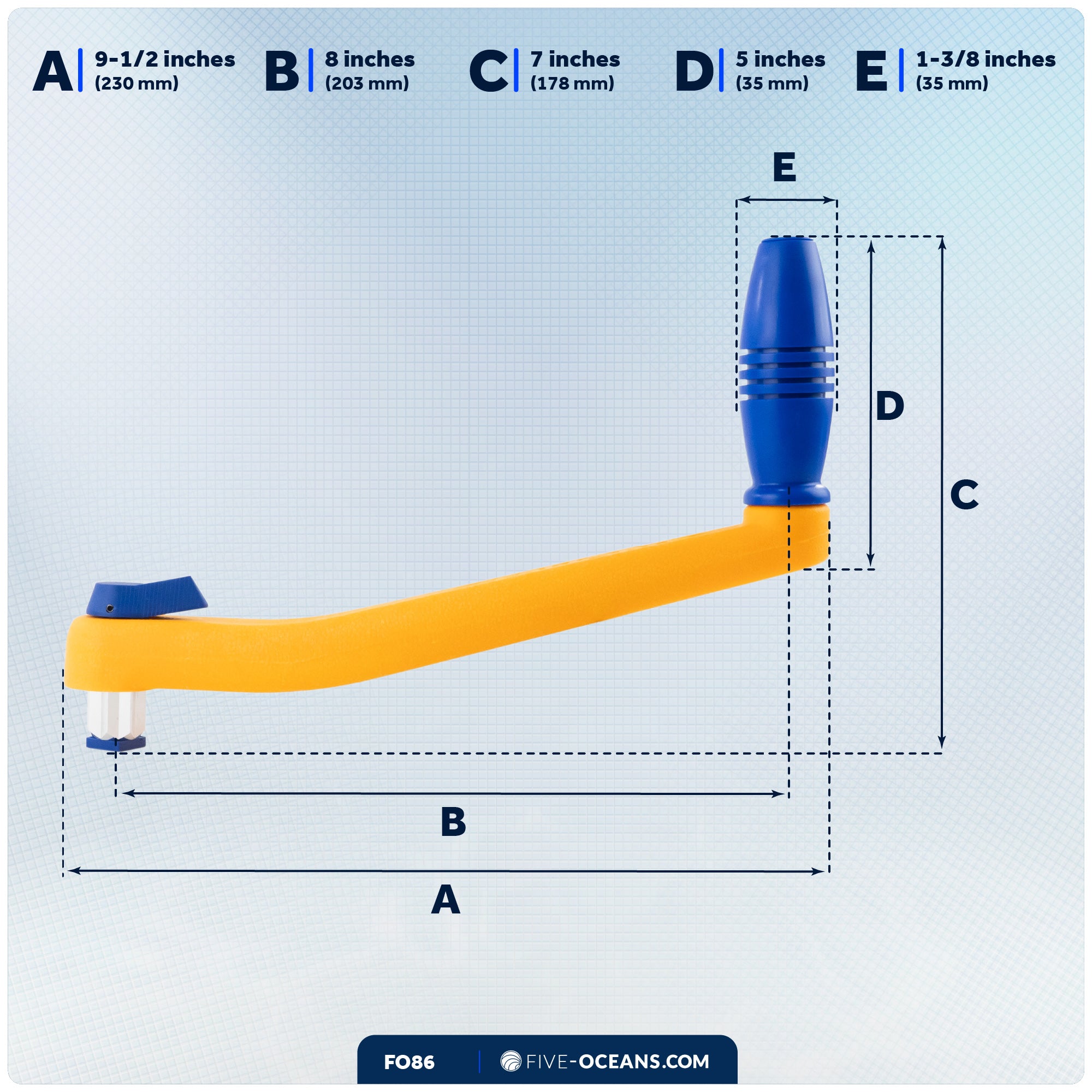 8" Sailboat Winch Handle, Universal Floating Lock-in Mechanism, Orange/Blue - FO86 - Five Oceans
