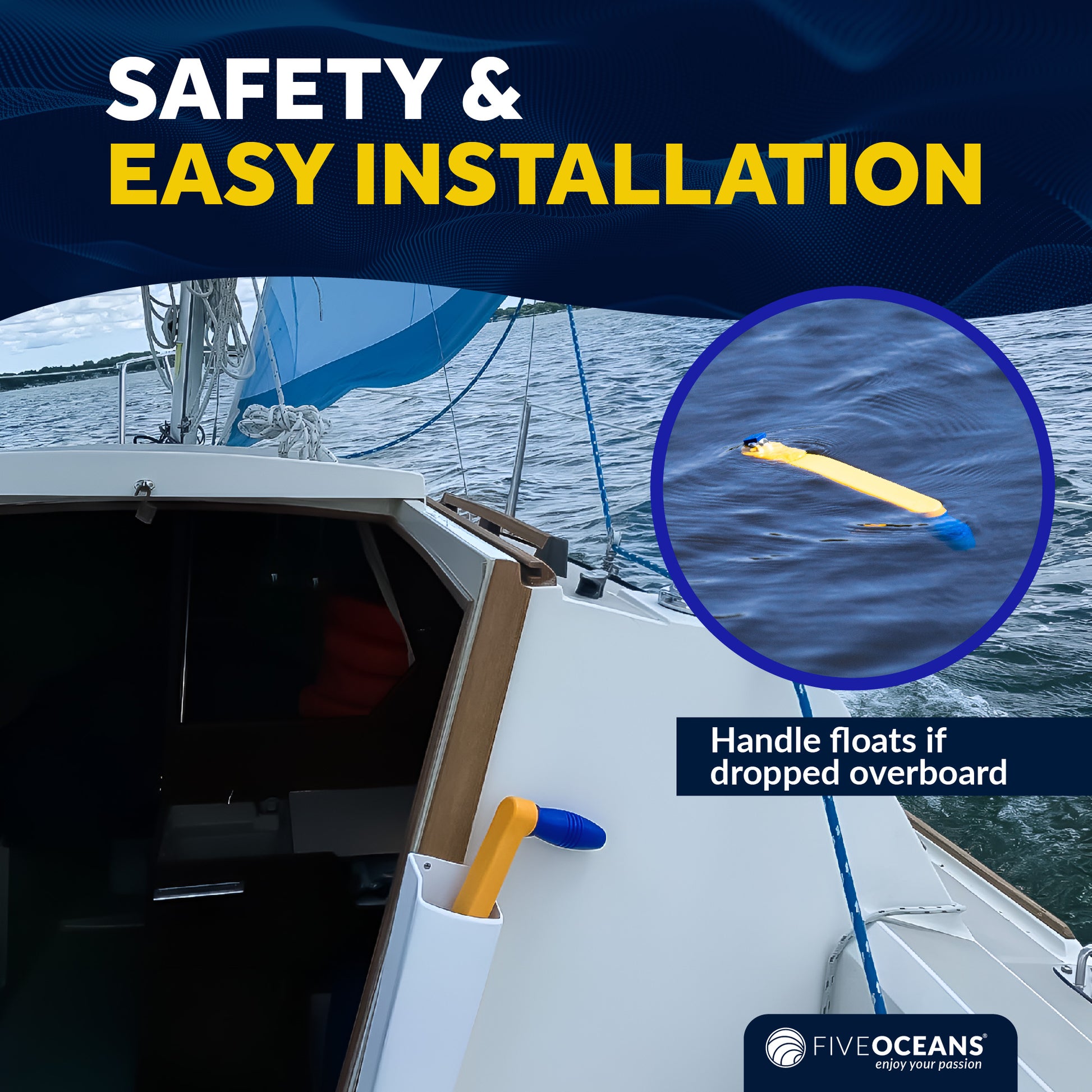 10" Universal Floating Lock-in Winch Handle, Orange/Blue - FO87 - Five Oceans