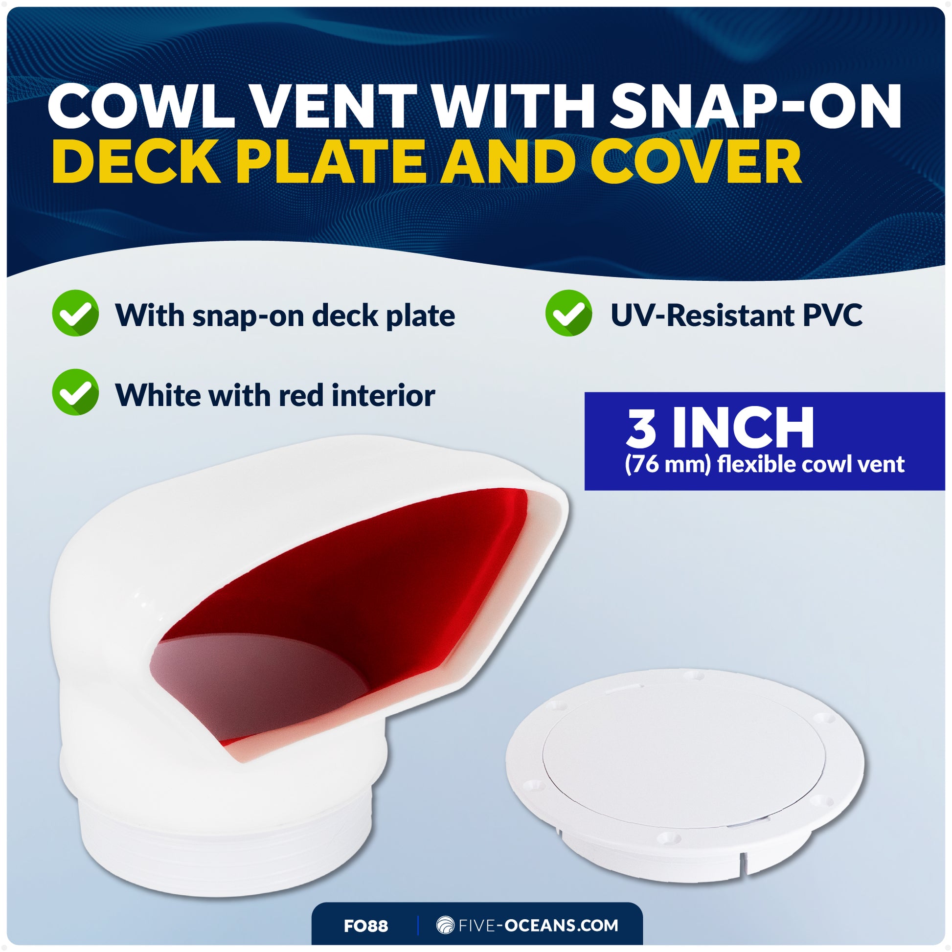 Cowl Vent with Snap-On Deck Plate and Cover, 3" - FO88 - Five Oceans