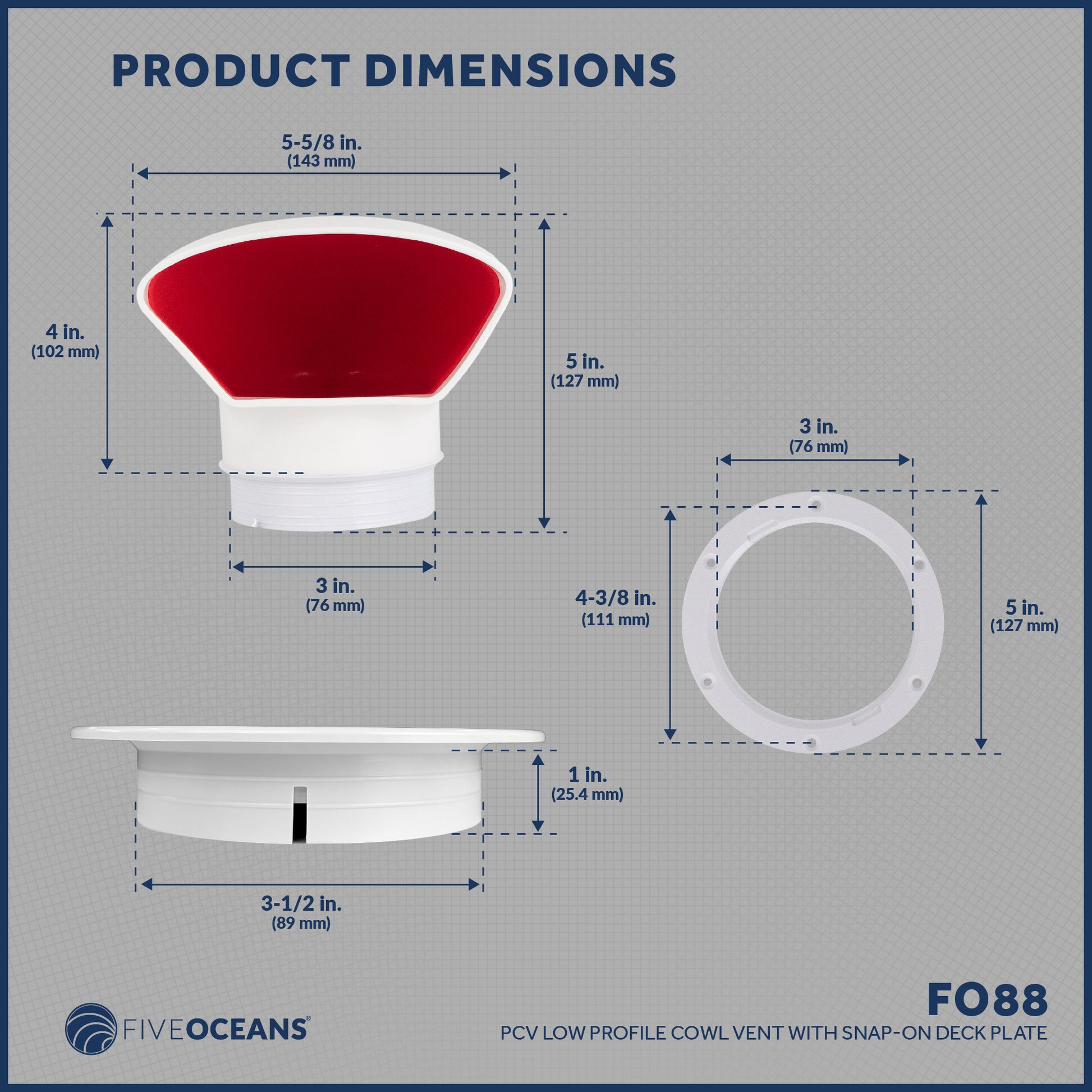 Cowl Vent with Snap-On Deck Plate and Cover, 3" - FO88 - Five Oceans