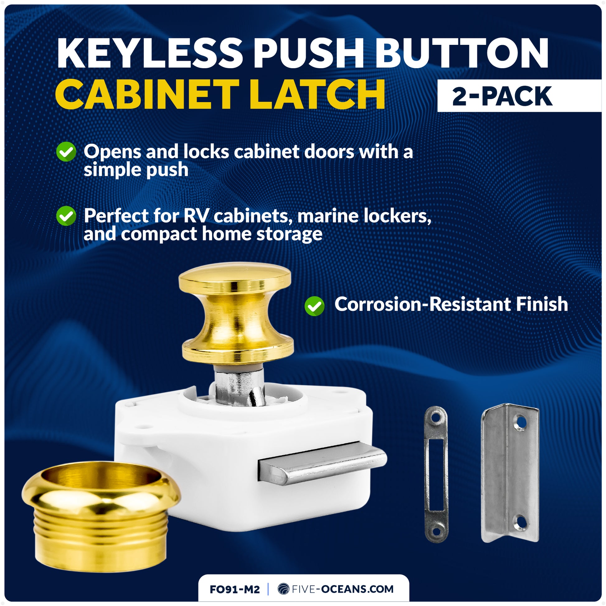 Keyless Push Button Latch, Polished Brass, 2-Pack - FO91-M2 - Five Oceans