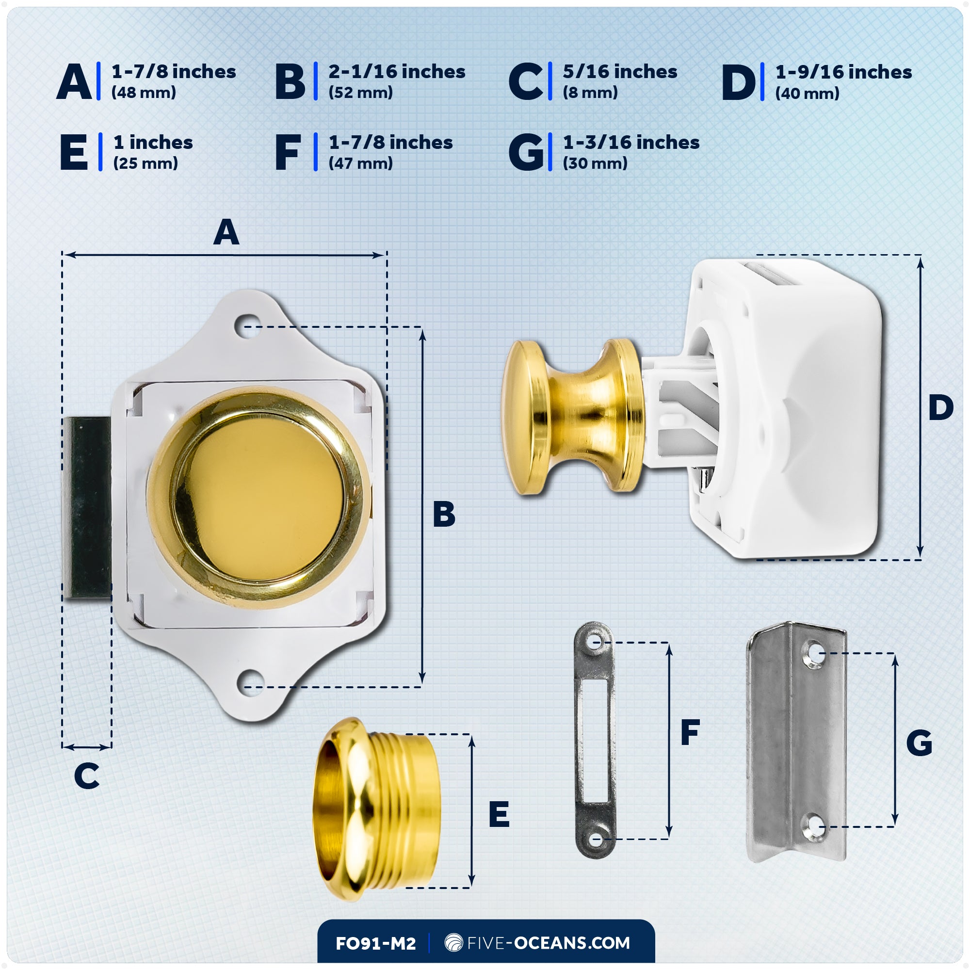 Keyless Push Button Latch, Polished Brass, 2-Pack - FO91-M2 - Five Oceans
