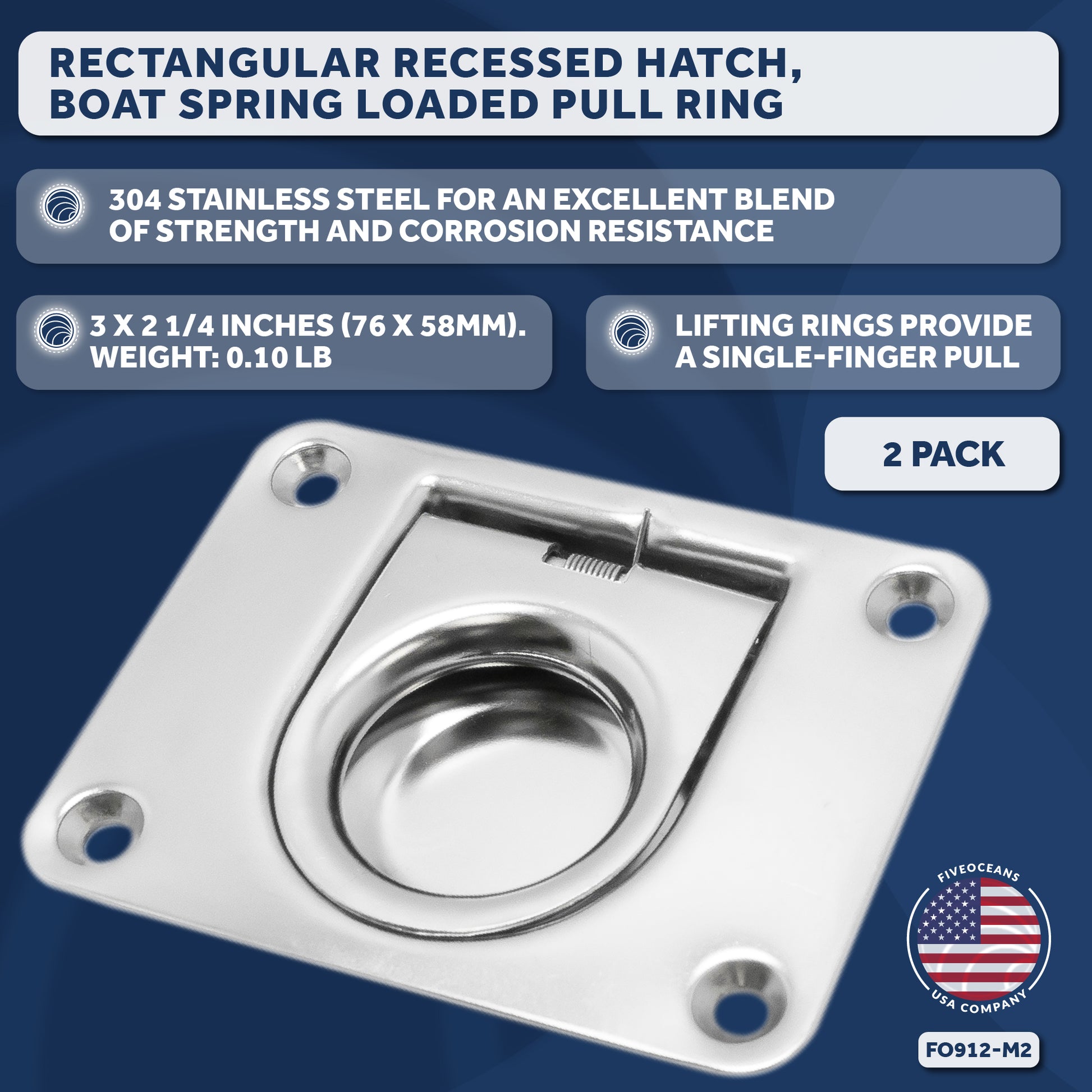 Rectangular Recessed Hatch, 3 x 2/14", Stainless Steel 2-Pack - FO912-M2 - Five Oceans