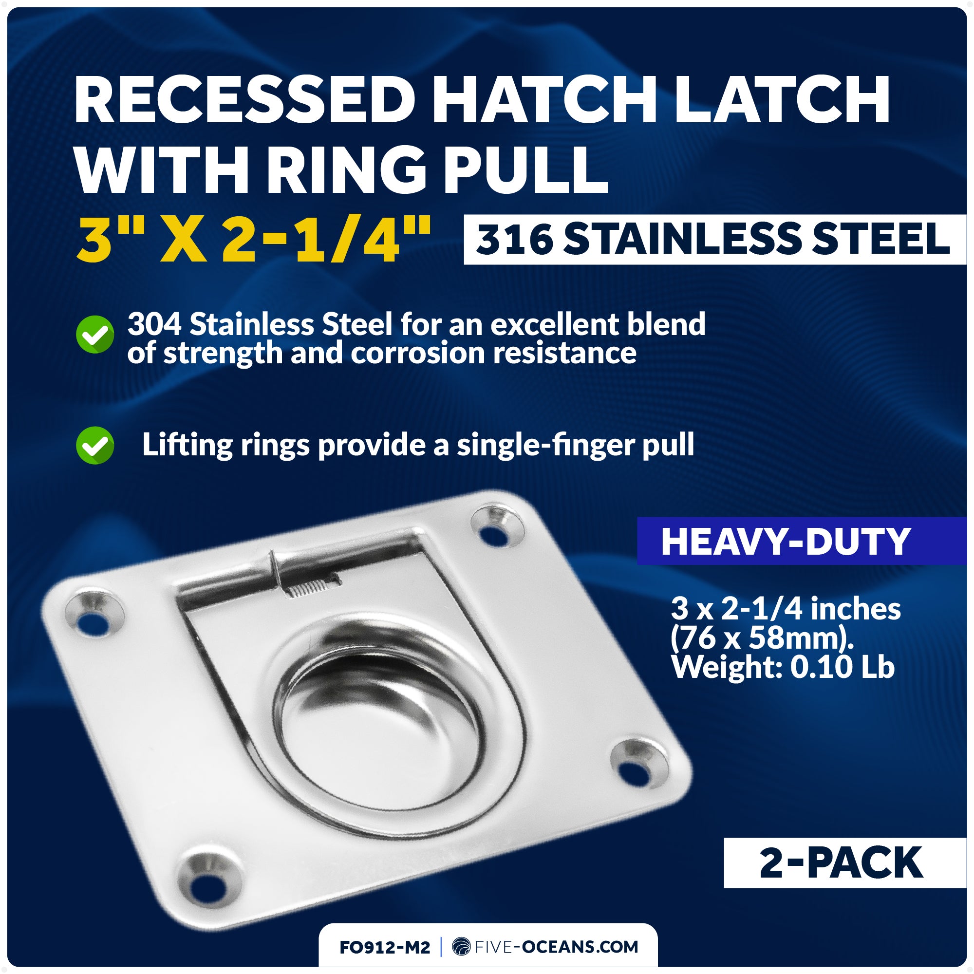 Recessed Hatch Latch with Ring Pull, 3" x 2-1/4", Stainless Steel, 2-Pack - FO912-M2 - Five Oceans