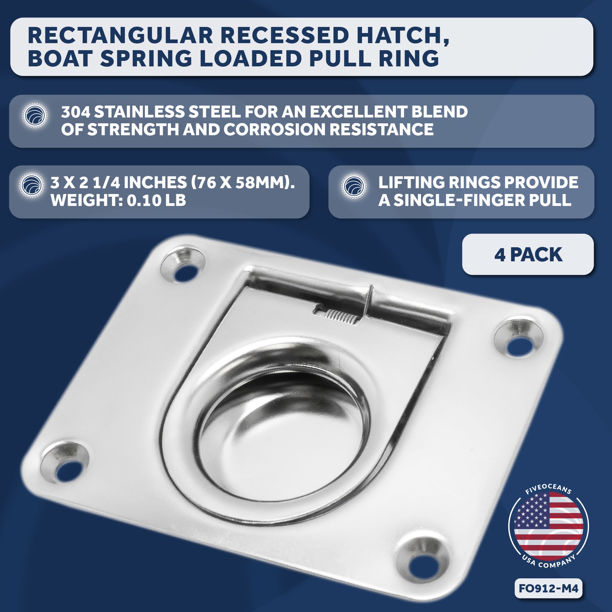Rectangular Recessed Hatch, 3 x 2/14", Stainless Steel 4-Pack - FO912-M4 - Five Oceans