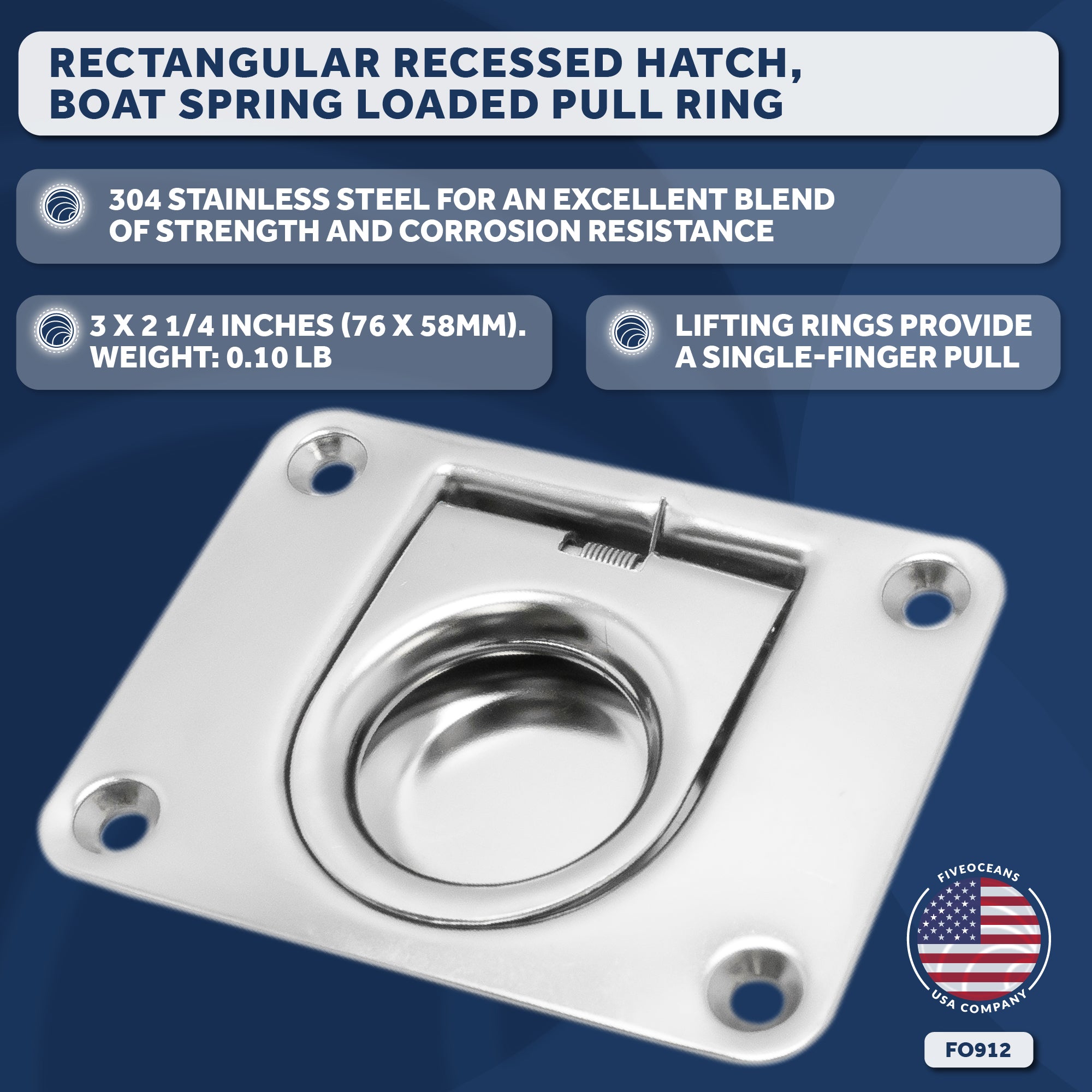 Rectangular Recessed Hatch, 3 x 2/14", Stainless Steel - FO912 - Five Oceans