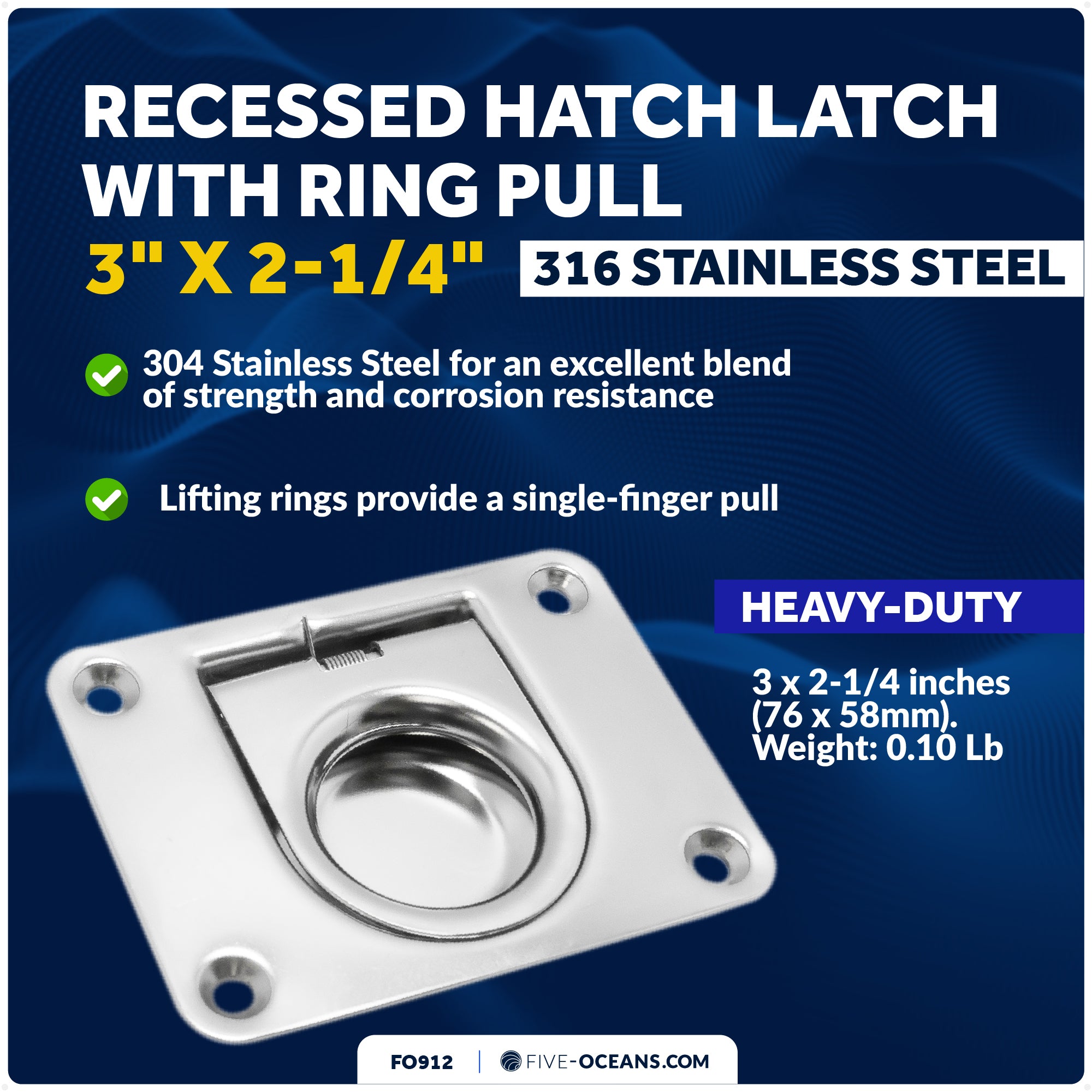 Recessed Hatch Latch with Ring Pull, 3" x 2-1/4", Stainless Steel - FO912 - Five Oceans