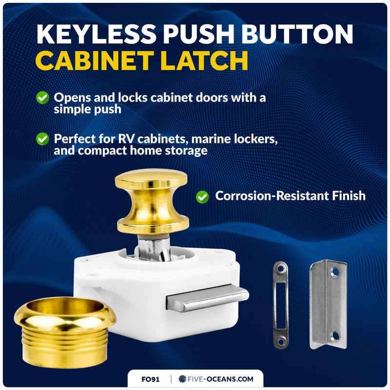 Keyless Push Button Latch, Polished Brass - FO91 - Five Oceans
