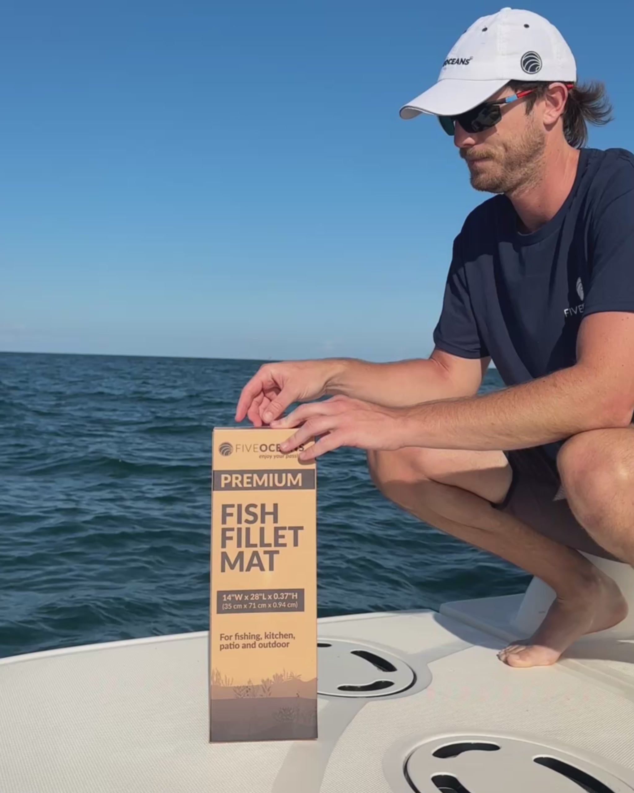 Load video: Durable Fish Fillet Mat Kit 28x14 with all essential tools: knife, gloves, scaling tool, and brush for home and outdoor fishing
