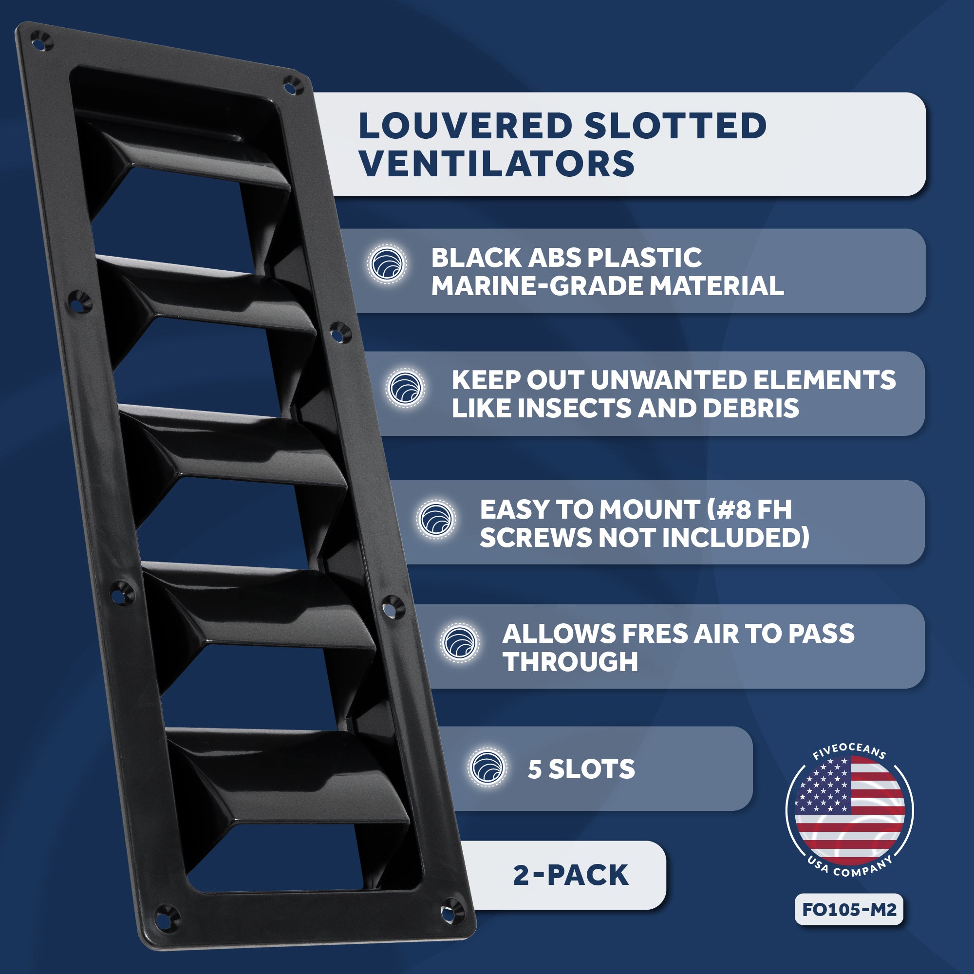 5-Slotted Louvered Ventilators, 13-1/4-Inch x  4-3/4-Inch, Black, 2-Pack - FO105-M2