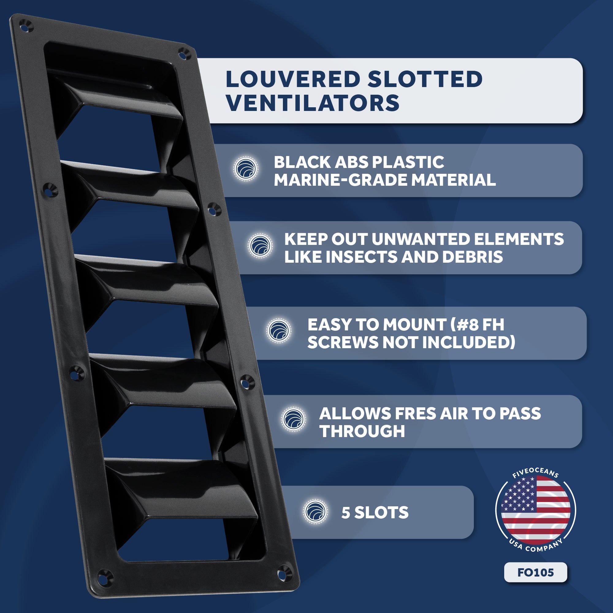 5-Slotted Louvered Ventilators, 13-1/4-Inch x  4-3/4-Inch, Black - FO105 - Five Oceans