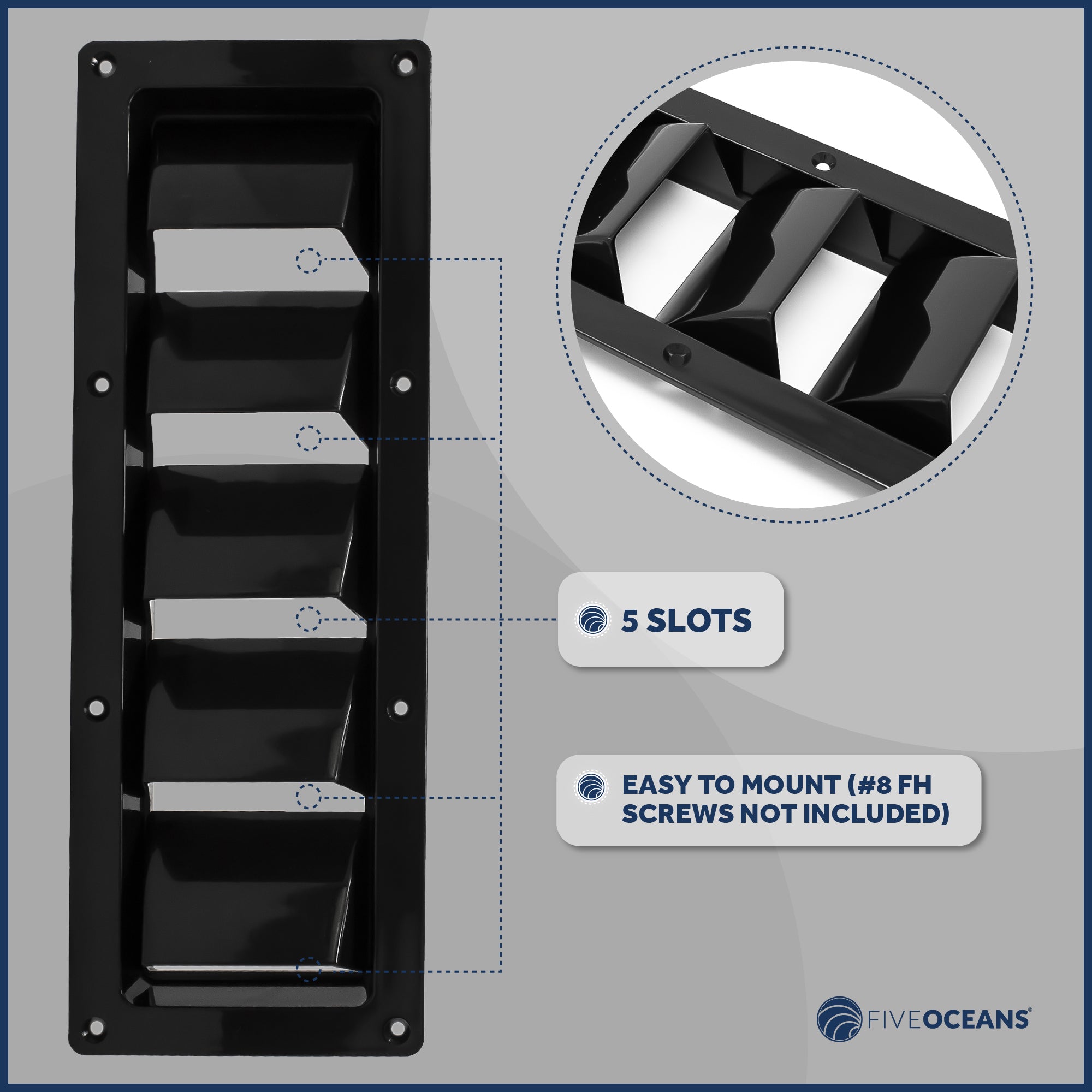 5-Slotted Louvered Ventilators, 13-1/4-Inch x  4-3/4-Inch, Black - FO105 - Five Oceans