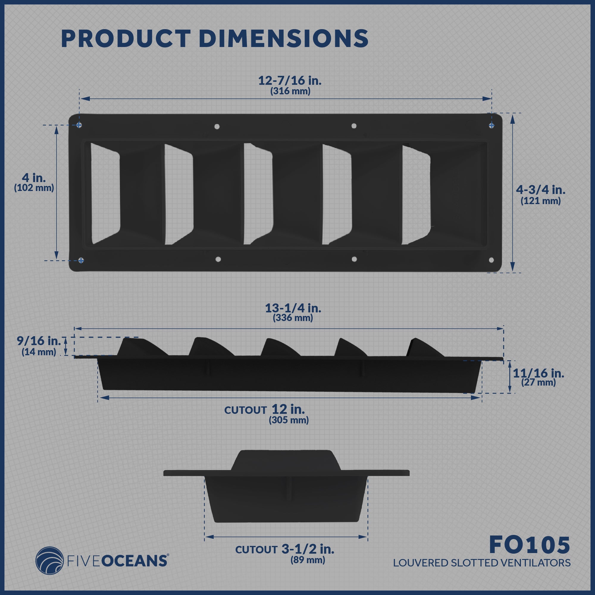 5-Slotted Louvered Ventilators, 13-1/4-Inch x  4-3/4-Inch, Black - FO105 - Five Oceans