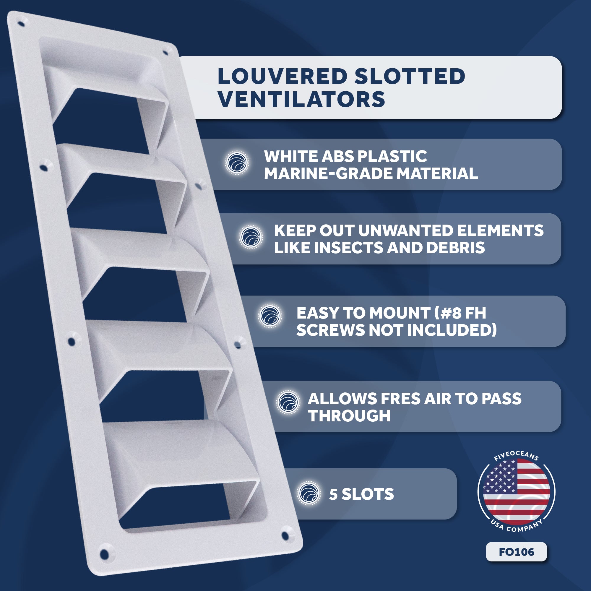 5-Slotted Louvered Ventilators, 13-1/4-Inch x  4-3/4-Inch, White - FO106 - Five Oceans