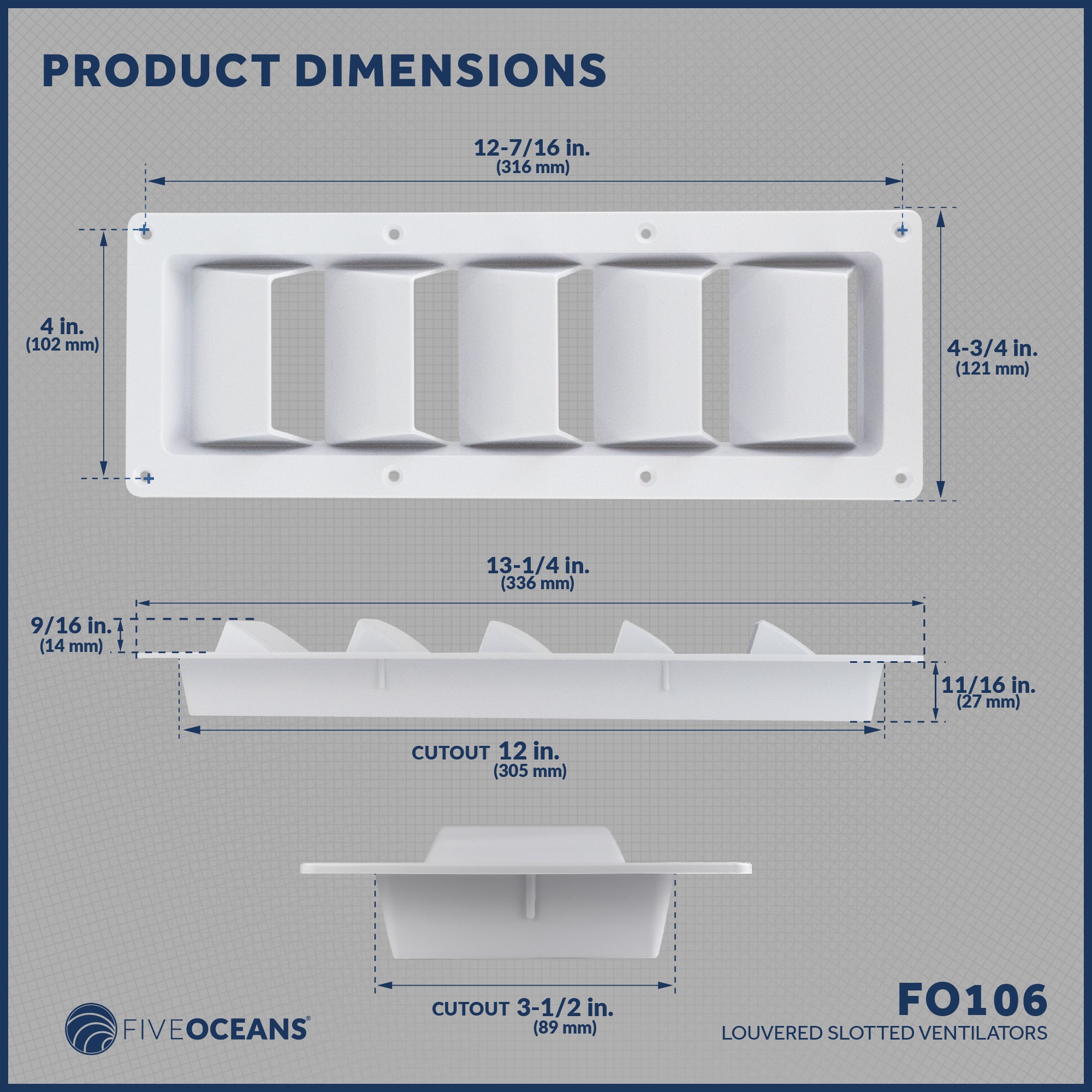 5-Slotted Louvered Ventilators, 13-1/4-Inch x  4-3/4-Inch, White - FO106 - Five Oceans