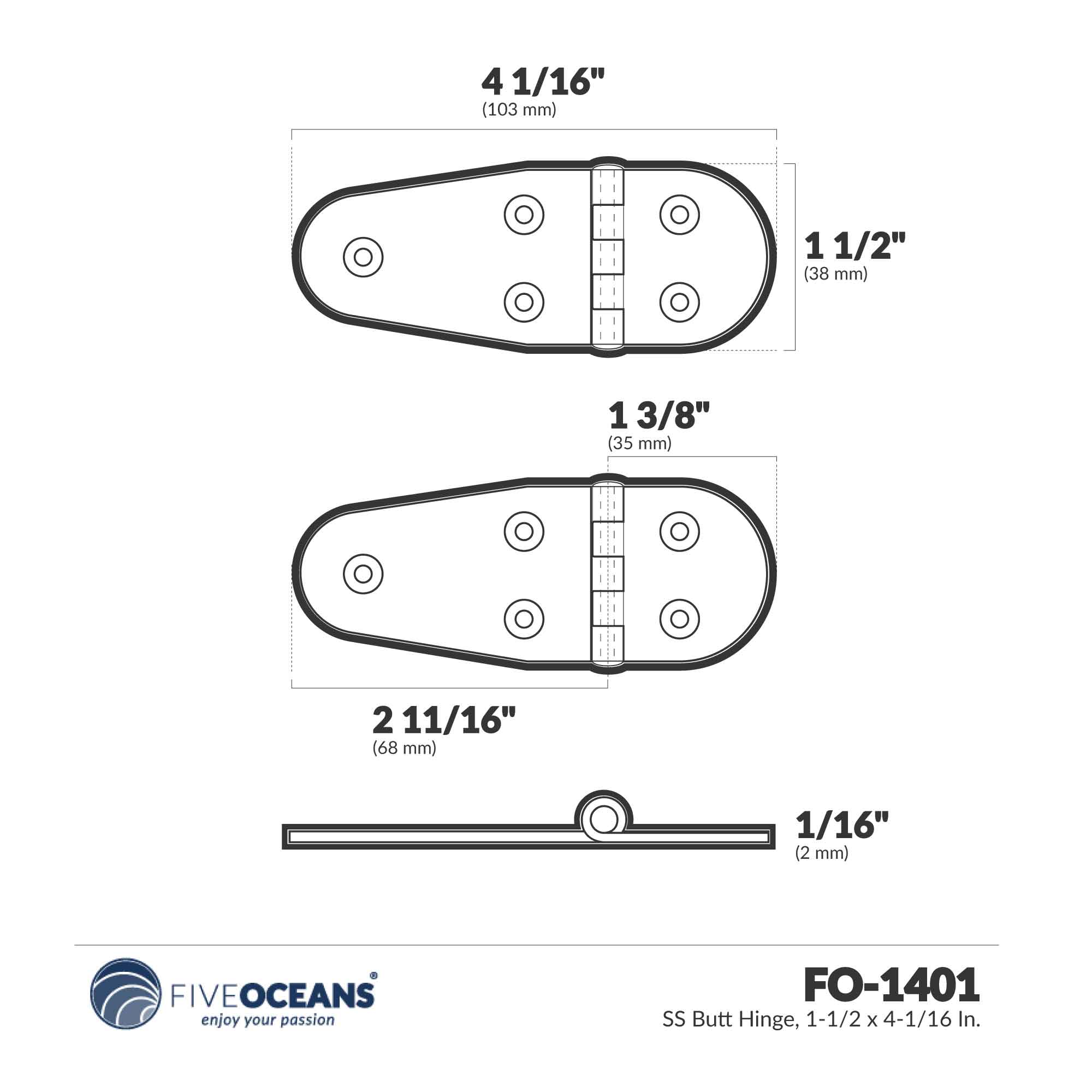 Butt Hinge Door, Stainless Steel, 1-1/2 x 4-1/1" - FO1401 - Five Oceans