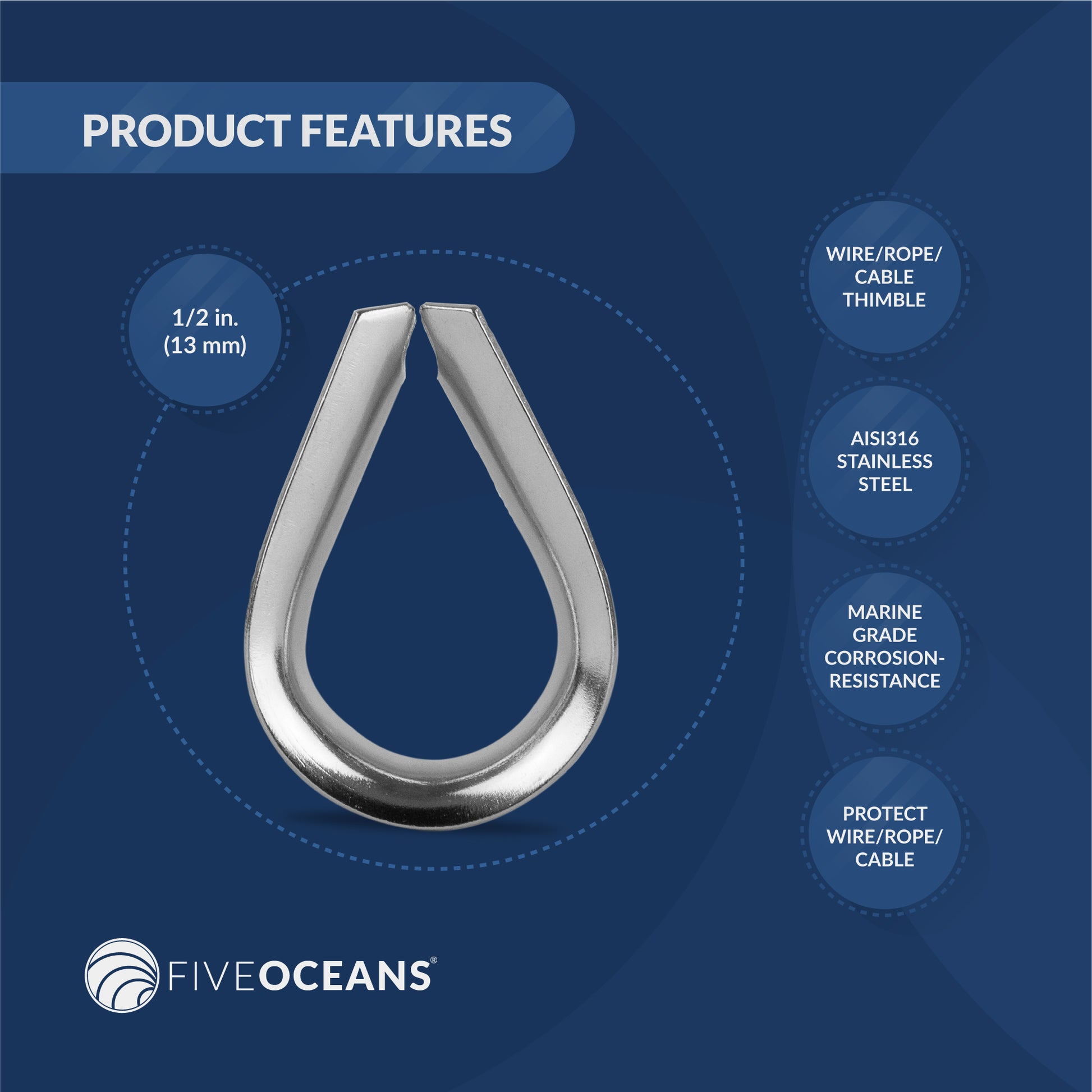 Value Pack Wire Rope Cable Thimble 1/2" Stainless Steel 50-Pack - FO1445-M50 - Five Oceans