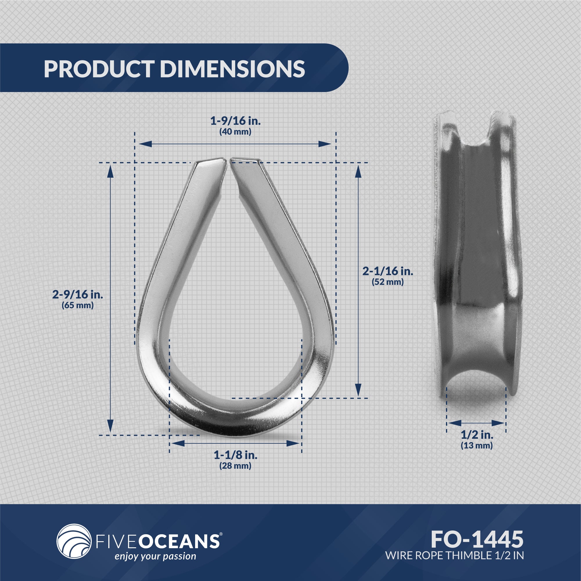 Thimble for 1/2" Wire Rope Cable, Stainless Steel - 5-Pack - FO1445-M5
