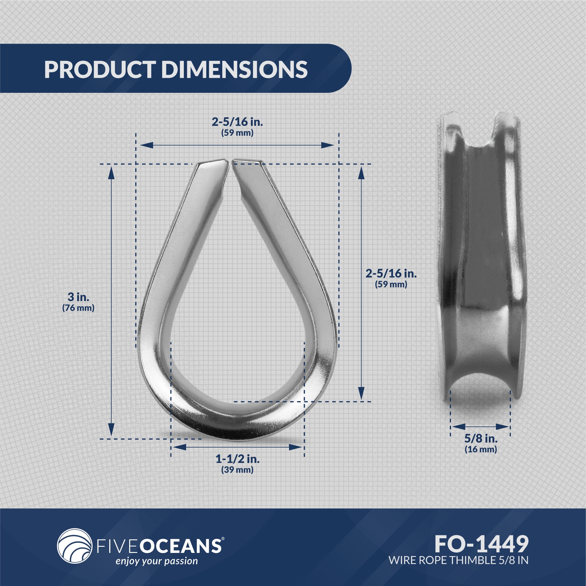 Thimble for 5/8" Wire Rope Cable, Stainless Steel - 5-Pack - FO1449-M5