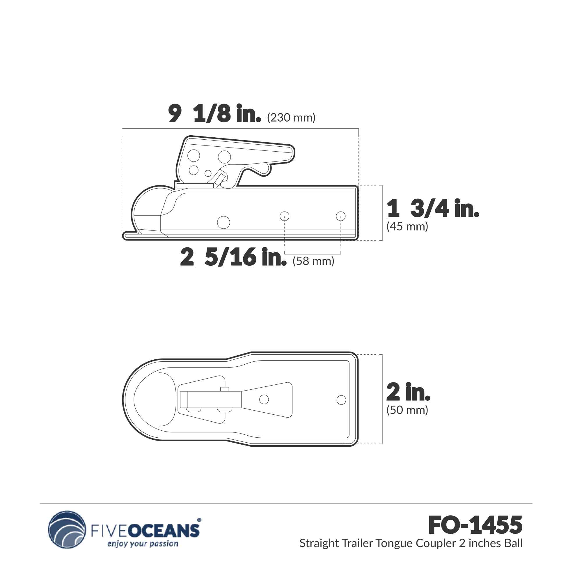 Straight Trailer Tongue Coupler - FO1455 - Five Oceans
