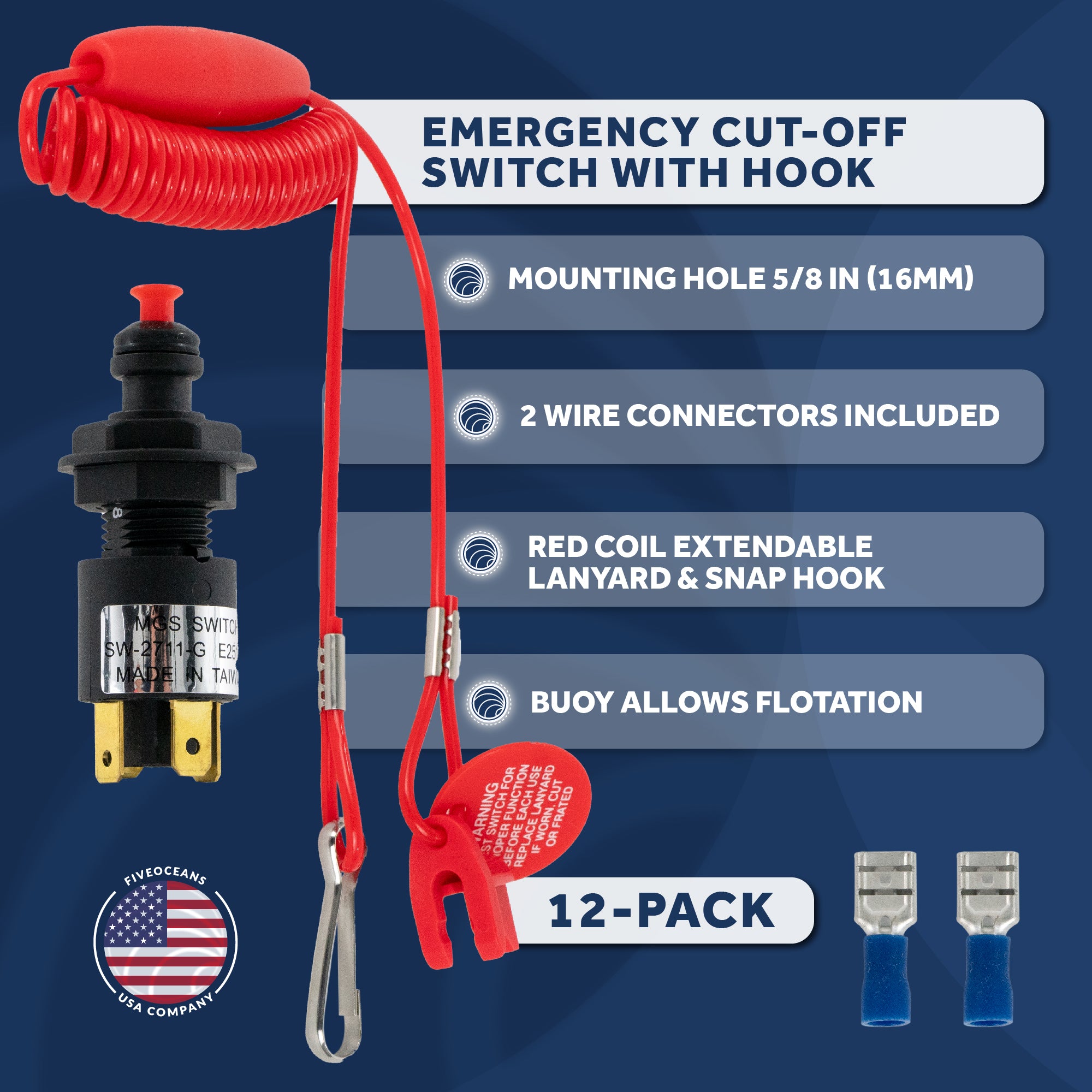Emergency Cut-Off Switch with Hook, 12 Volts 12-Pack - FO1518-M12 - Five Oceans