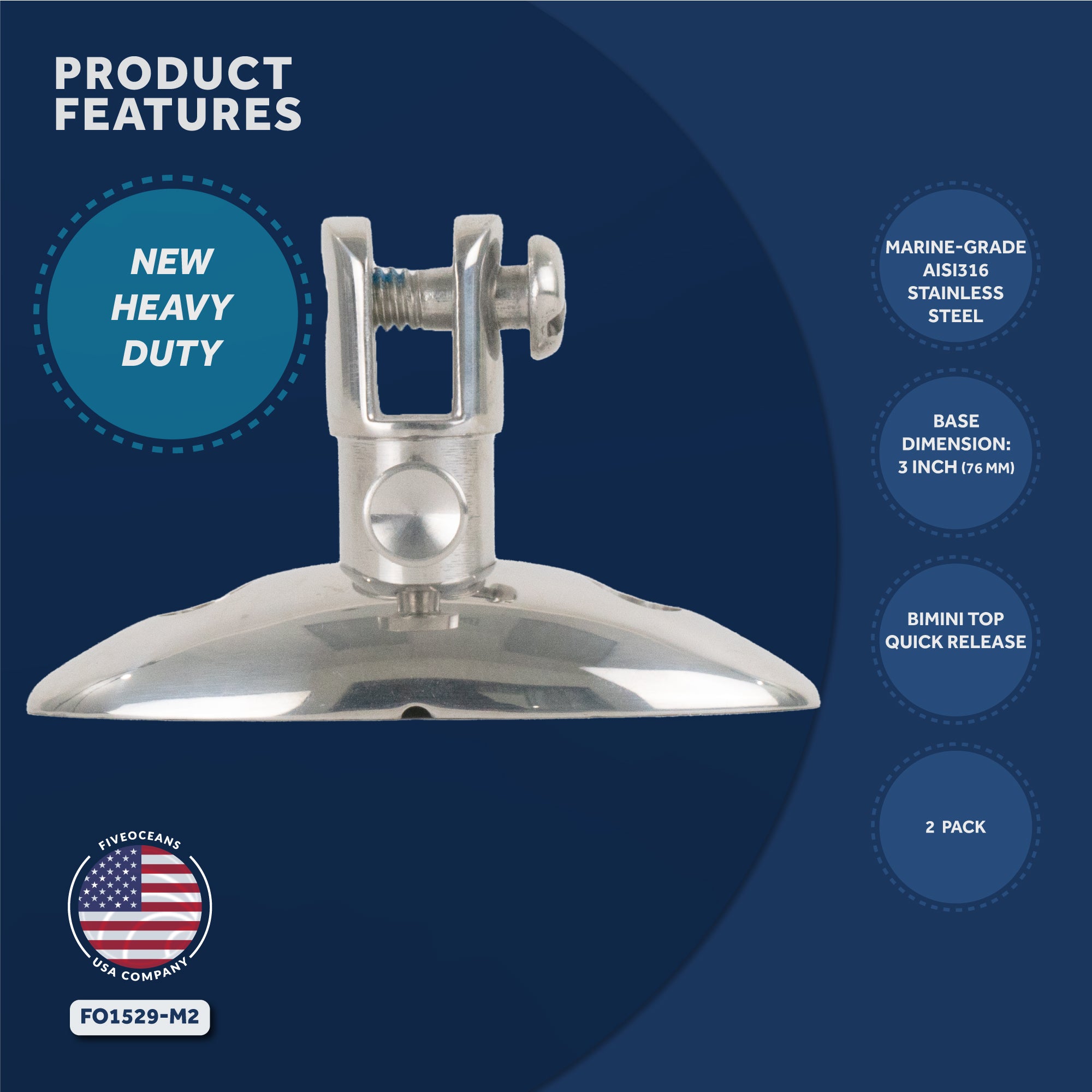 Bimini Quick Release Swivel Deck Hinge, Stainless Steel 2-Pack - FO1529-M2 - Five Oceans
