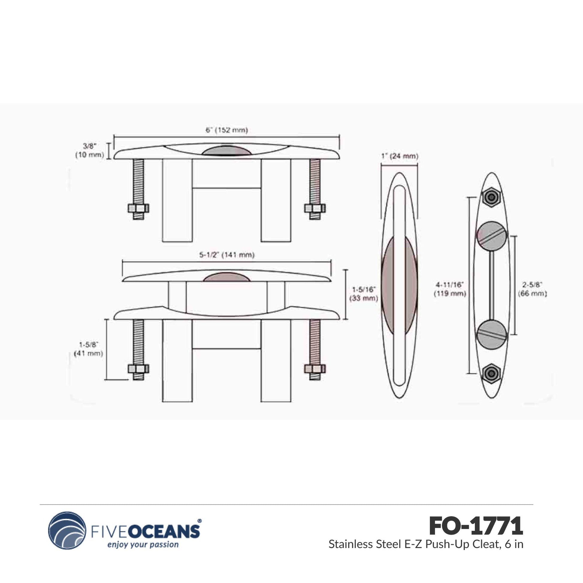 E-Z Push-Up Cleat, Stainless Steel, 6" - FO1771 - Five Oceans