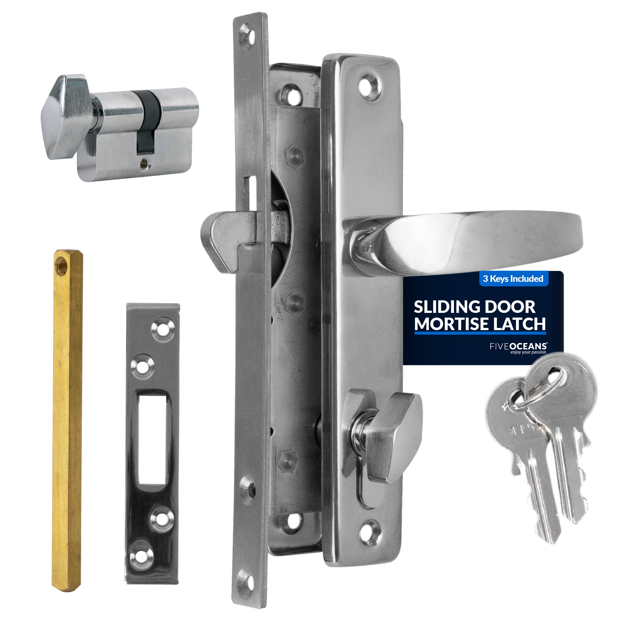 Sliding Door Mortise Latch with 3 Keys, Stainless Steel - FO2240
