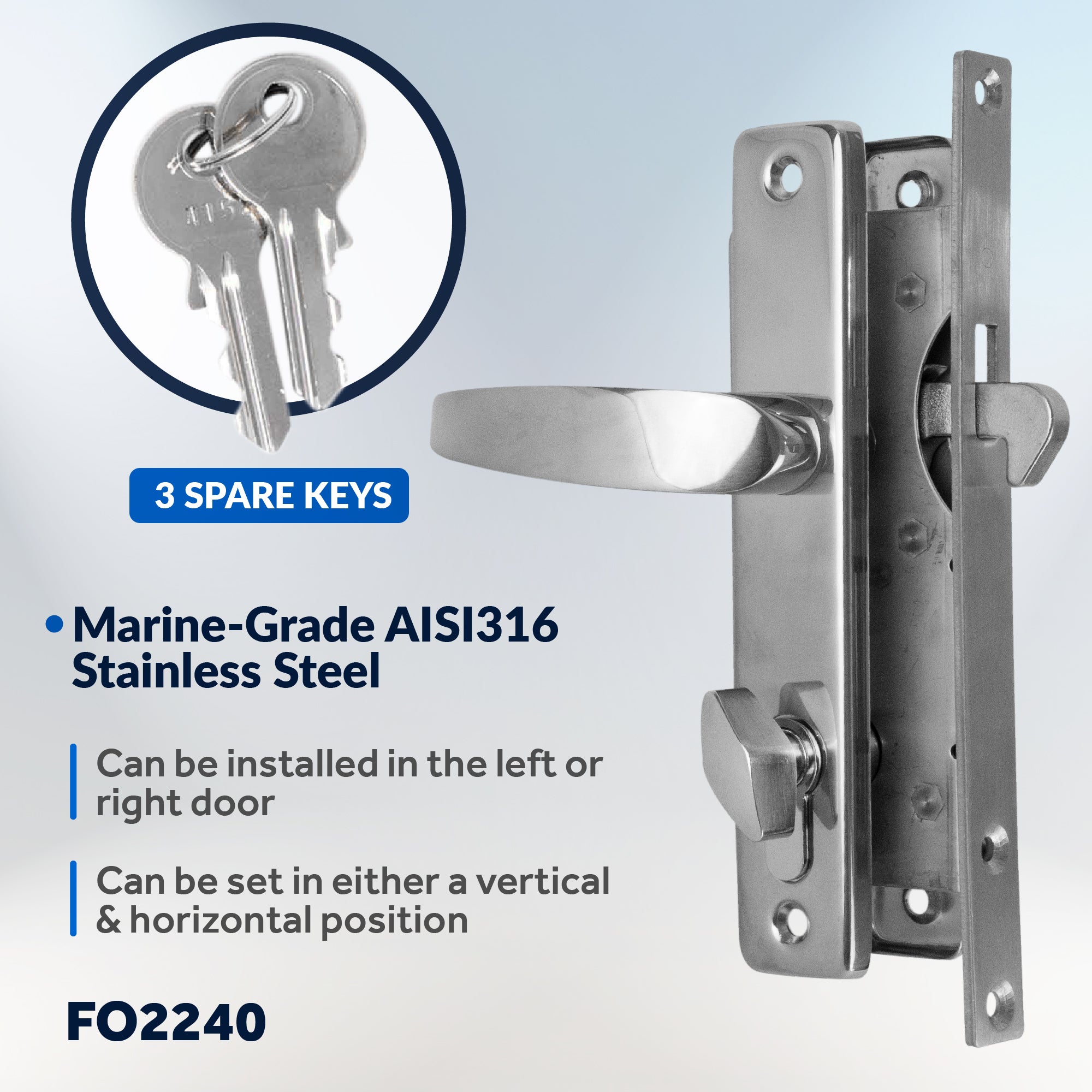 Sliding Door Mortise Latch with 3 Keys, Stainless Steel - FO2240