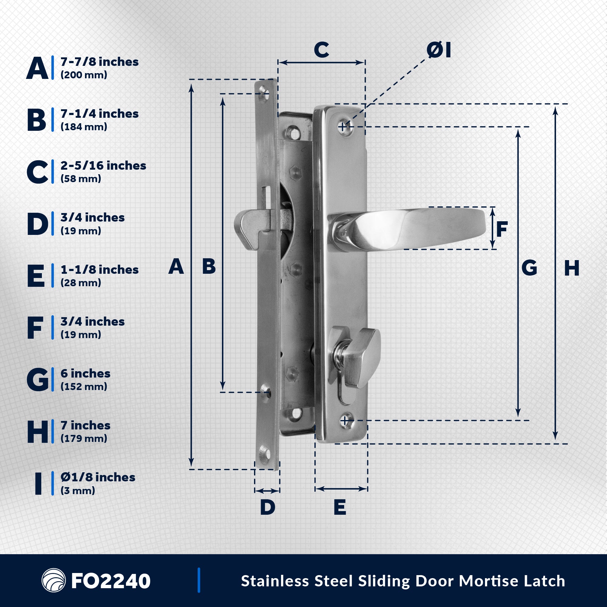 Sliding Door Mortise Latch Set, Stainless Steel, 3 Keys - FO2240
