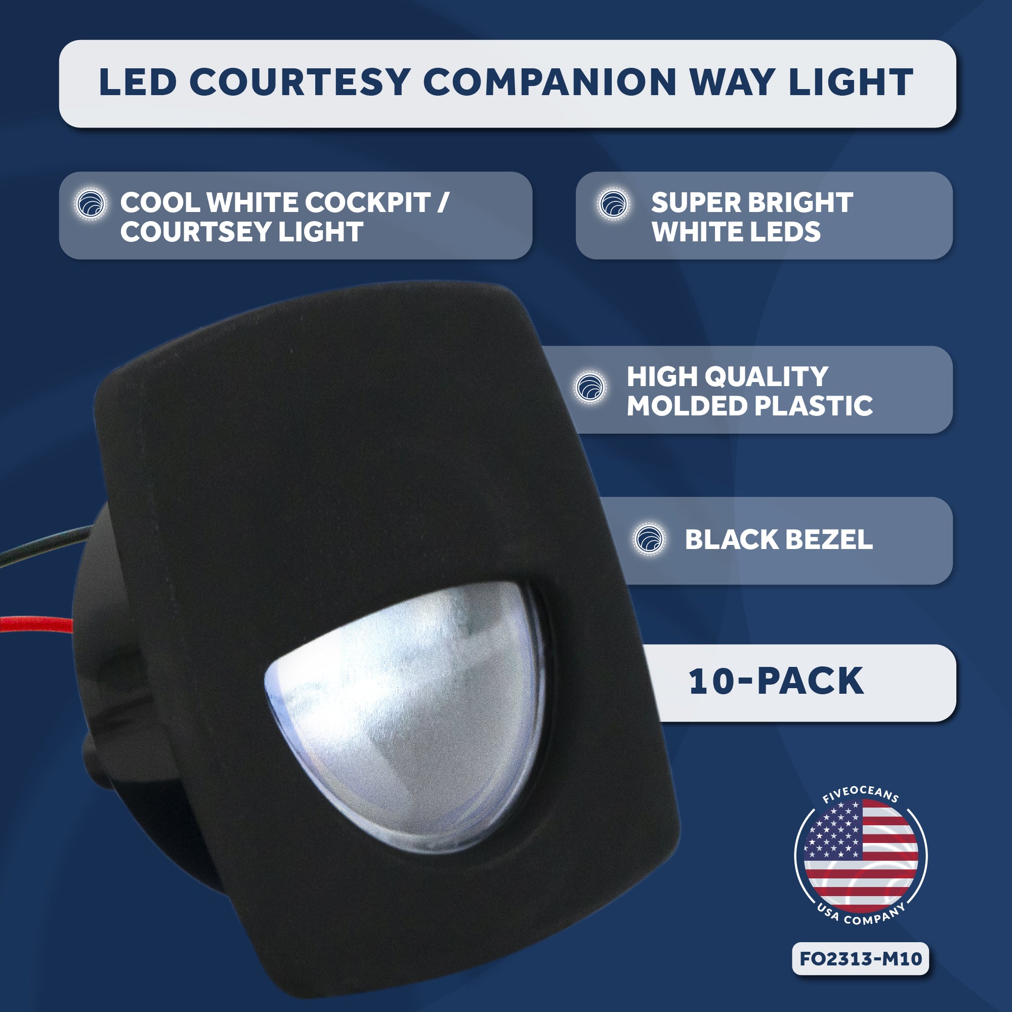 LED Courtesy Companion Way Light, Black Square, Cool White, 10-Pack - FO2313-M10