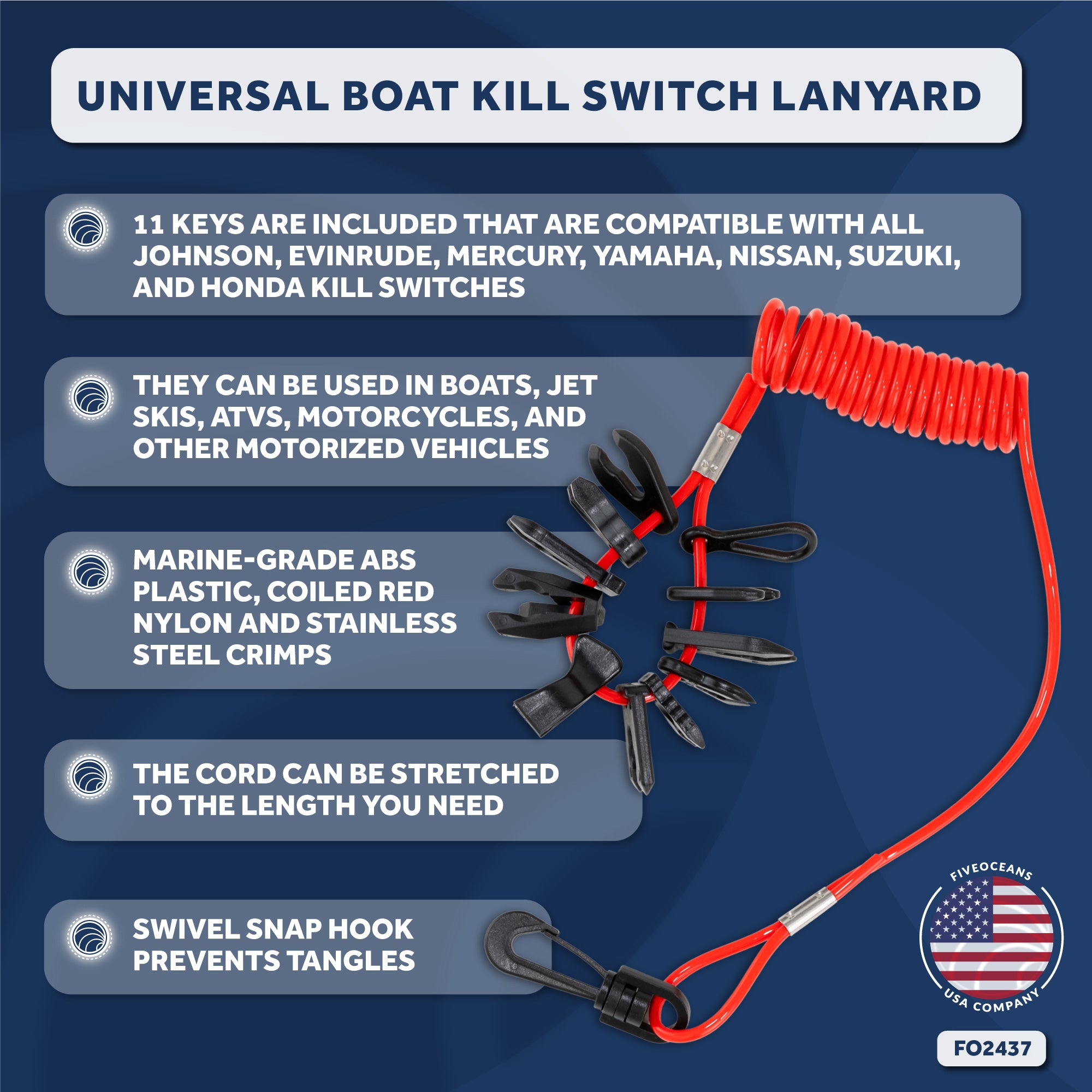 Five Oceans Universal Boat Kill Switch Lanyard, Key Set for Johnson, Evinrude, Mercury, Yamaha, Honda, Tohatsu, Suzuki, Kawasaki, OMC and Nissan