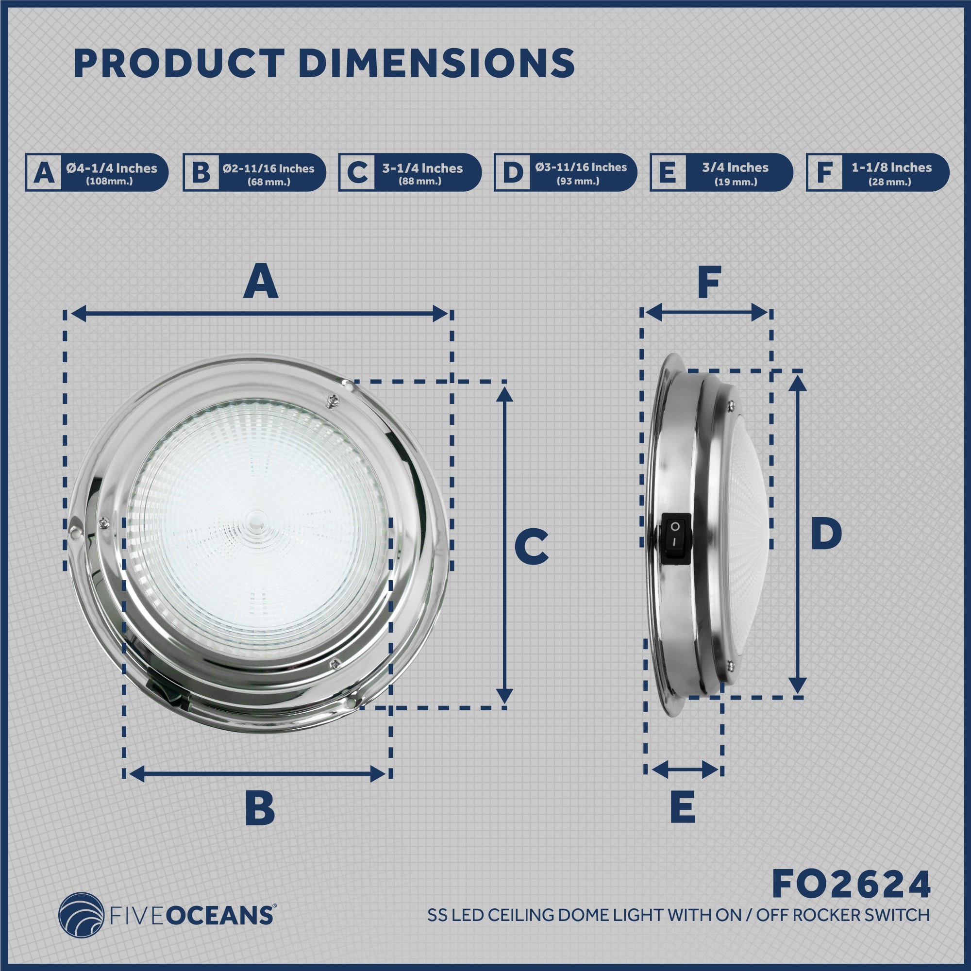 LED Interior Dome Ceiling Light, 4" Surface Mount, Daylight White - FO2624 - Five Oceans