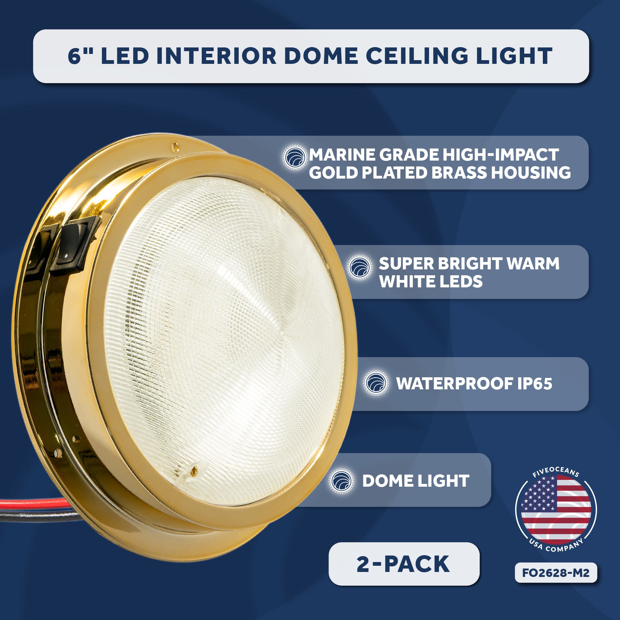 LED Interior Dome Ceiling Light, 6" Surface Mount, Warm White, 2-Pack - FO2628-M2