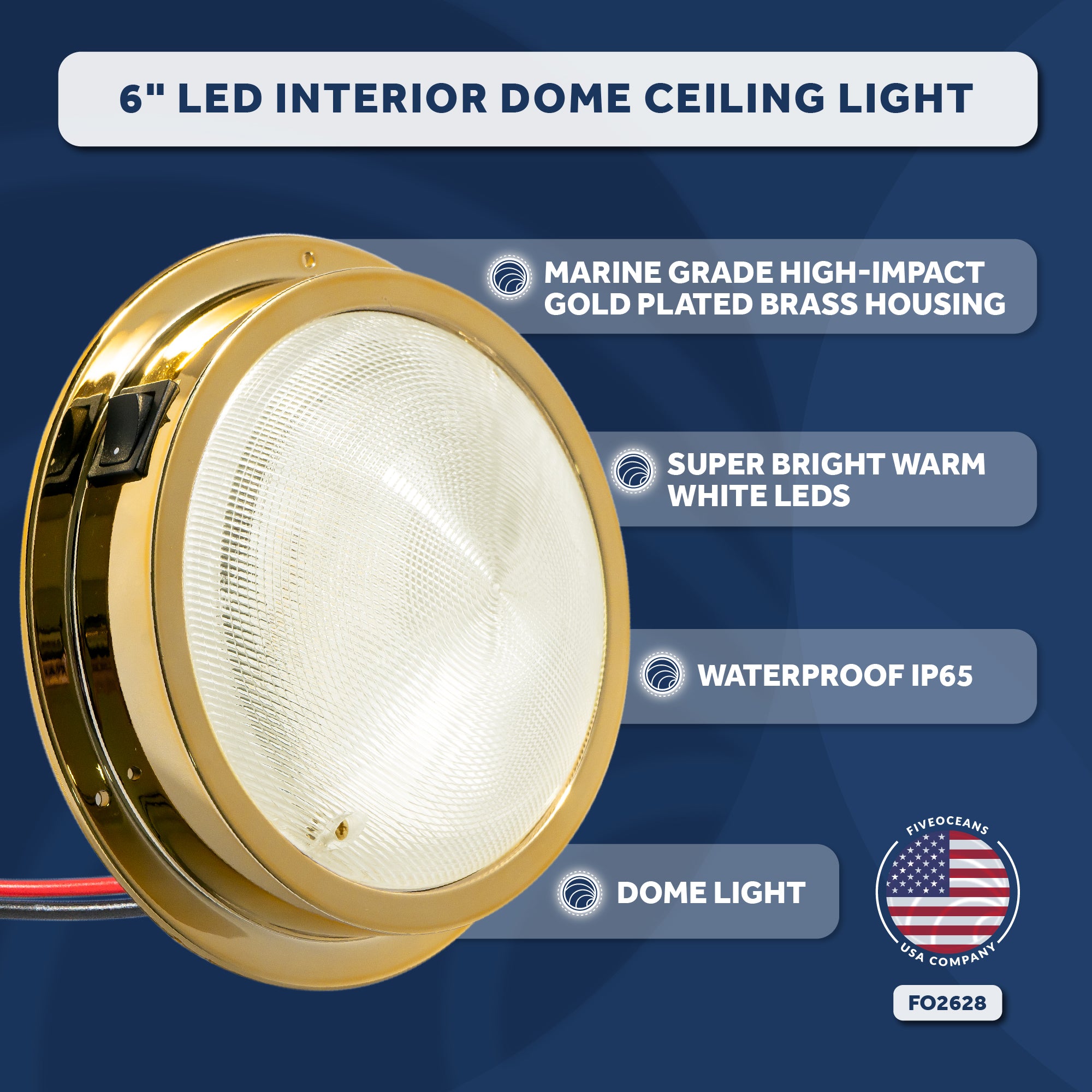 LED Interior Dome Ceiling Light, 6" Surface Mount, Warm White - FO2628 - Five Oceans