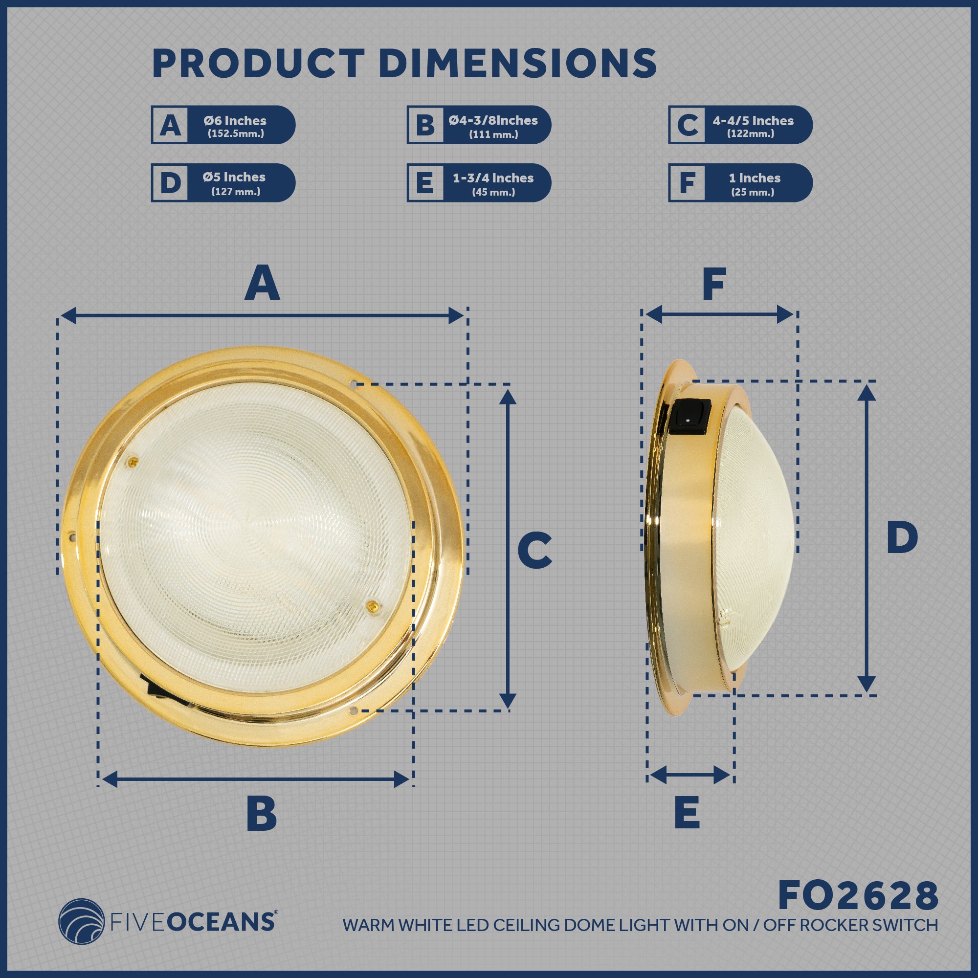 LED Interior Dome Ceiling Light, 6" Surface Mount, Warm White - FO2628 - Five Oceans